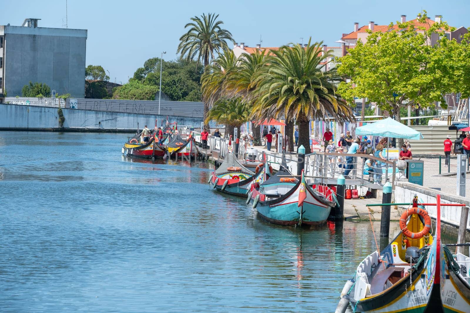 Traditional boats in the canal of Aveiro, Portugal. The colorful Moliceiro de Aveiro boat tours are popular with tourists to enjoy views of the charming canals. Aveiro, Portugal. by martinscphoto