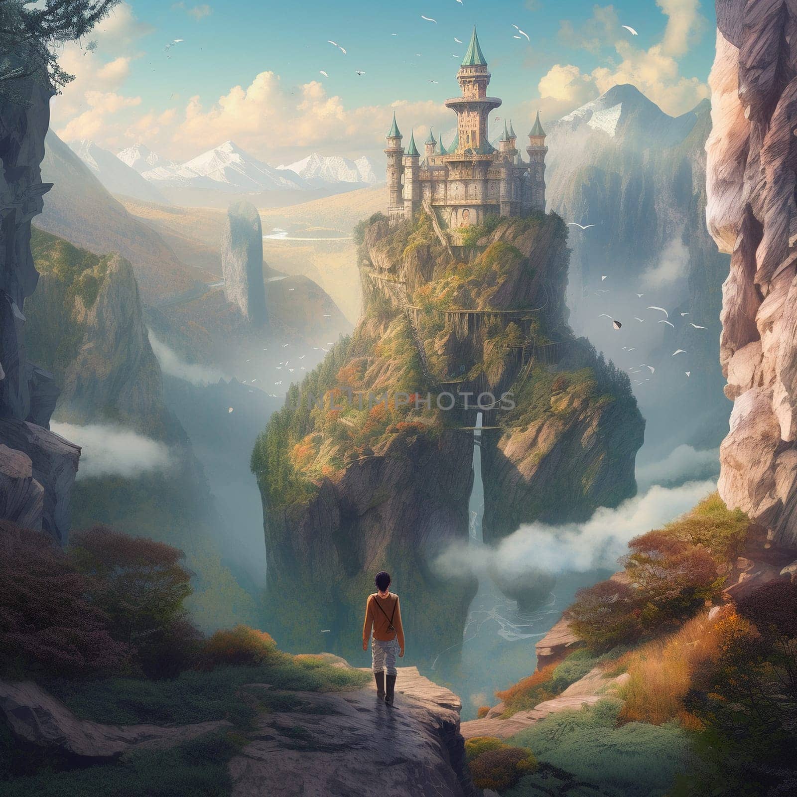 A man with a staff crosses a fairy-tale valley in the style of fantasy . High quality photo