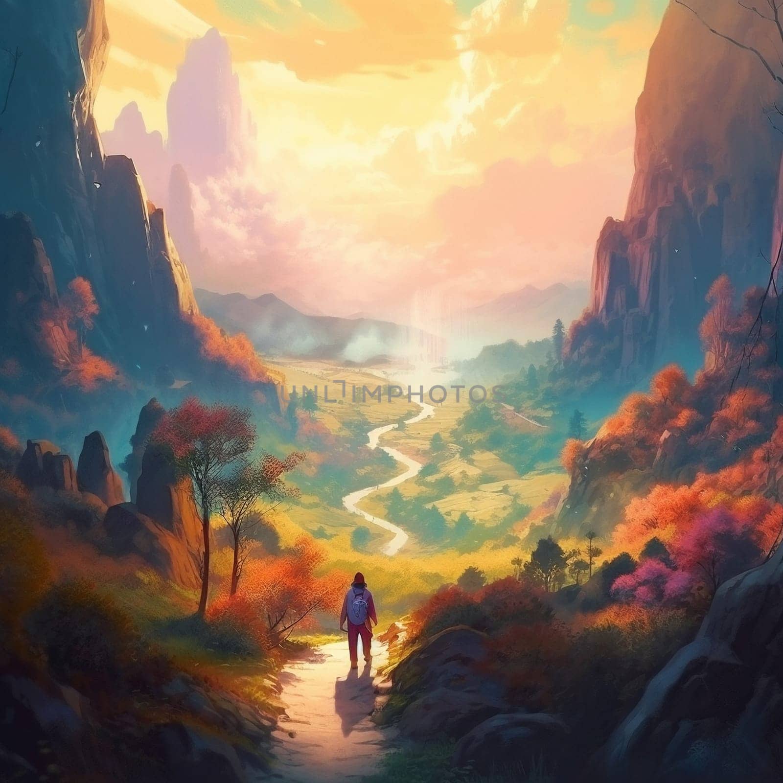 A man with a staff crosses a fairy-tale valley in the style of fantasy . High quality photo