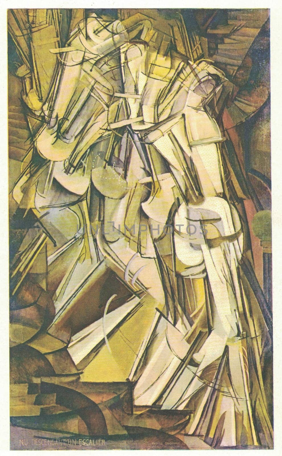 Nude Descending a Staircase, No. 2, 1912. Painting by Marcel Duchamp. The painting was created when the artist was twenty-five years old. After being rejected by the Cubitsts as being Futurist, it was presented at the Paris Salon of Independents and then caused a large stir when presented at the 1913 Armory Show in New York. Duchamp placed the title at the bottom of the painting,