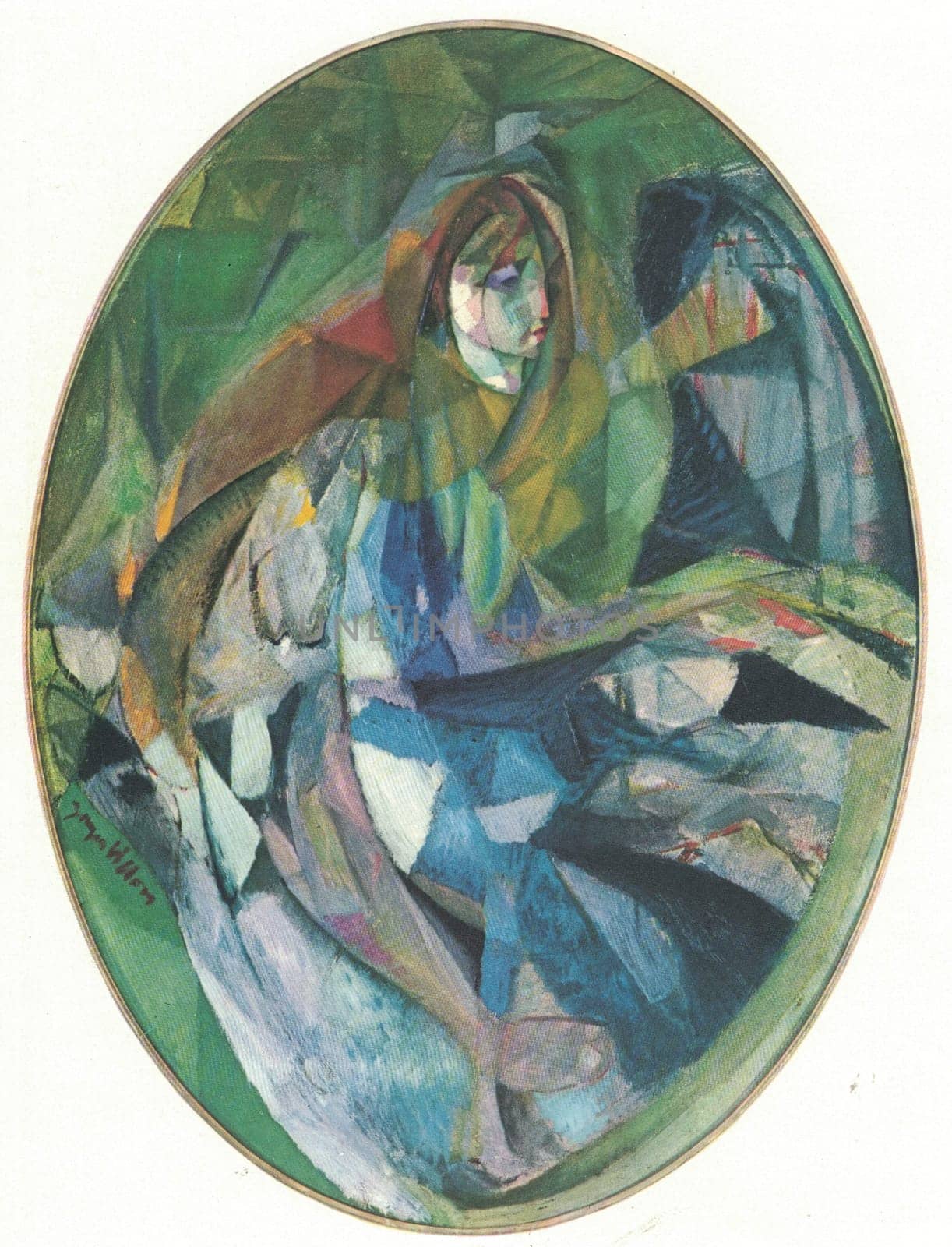 Girl at the Piano, 1912, oil on canvas. . Painting by Jacques Villon. French painter and printmaker Jacques Villon advanced the evolution of Cubism in Paris in the early 20th century. Unlike the reduced palette of the earliest iteration of Cubism, many of Villon’s paintings explore truncated forms and planar shifts through relatively saturated colors, rich chromatic contrasts and figural or landscape compositions. Alongside his brother Raymond Duchamp, he founded the Puteaux Group, Cubist group which included Fernand Léger, Robert Delaunay,and Francis Picabia. Villon contributed to the development of the 1912 Salon de la Section d’Or, a critical exhibition for the rise of Cubism and Orphism.