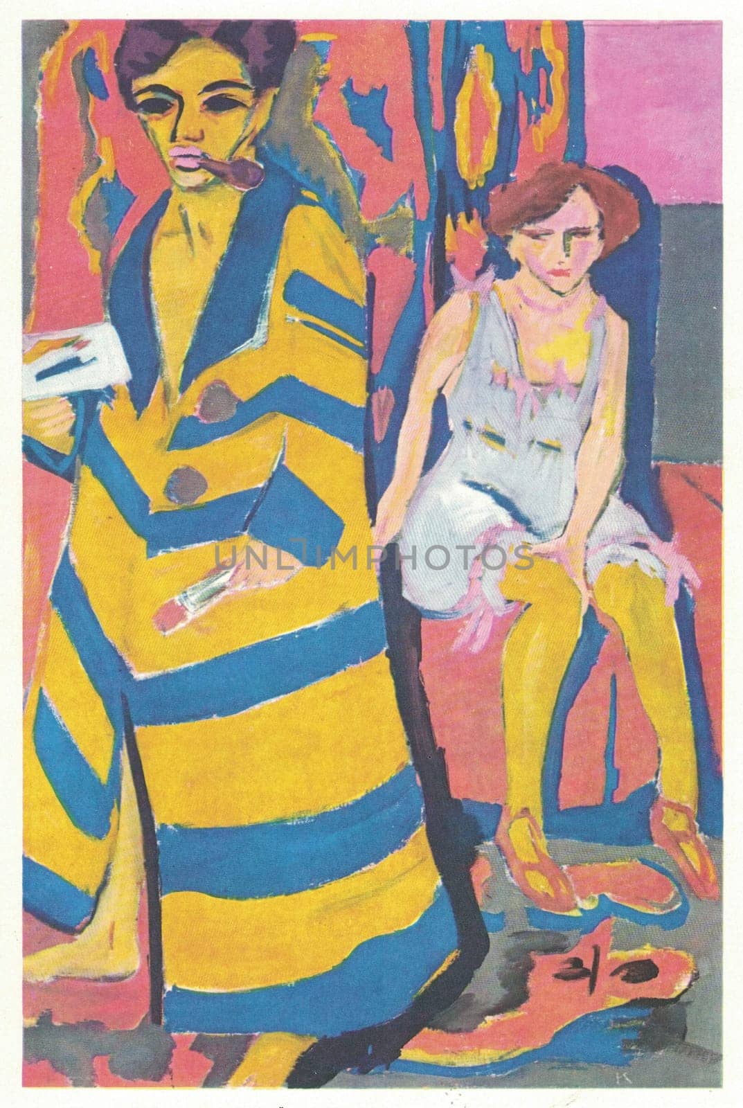 Self-Portrait With Model (1910) by Ernst Ludwig Kirchner. When I look at this painting, a pleasurable sensation of anarchy gathers in me. The image has a glorious disruptive quality about it — you might almost say an aggression — which is simultaneously stirred and soothed by its wildly optimistic colouration. The painting is of a man and woman, the artist and his model. She is sat on a chest or a box, wearing a pale blue chemise decorated in pink ribbons, the same pink that blush her cheeks. She appears to be looking at the artist askance, a look of suspicion that makes the him the true subject of the work.