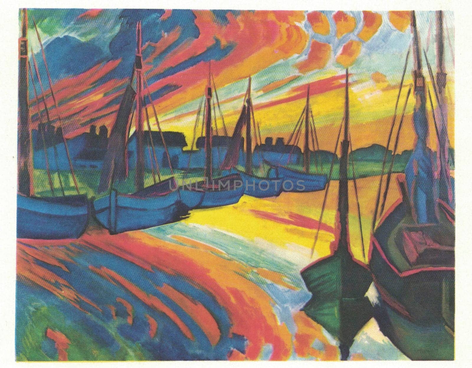 Max Pechstein, Port of Leba (Hafen von Leba), 1922, oil on canvas. Painting by Max Pechstein. Max Pechstein is considered today, as he was then, one of the most important representatives of German Expressionism. In spring 1906, he joined the artists' group "Die Brücke", which had been founded the previous year by Kirchner, Heckel, Schmidt-Rottluff and Bleyl. In the field of graphic art, he produced an oeuvre of over 850 woodcuts, lithographs and etchings in addition to his paintings