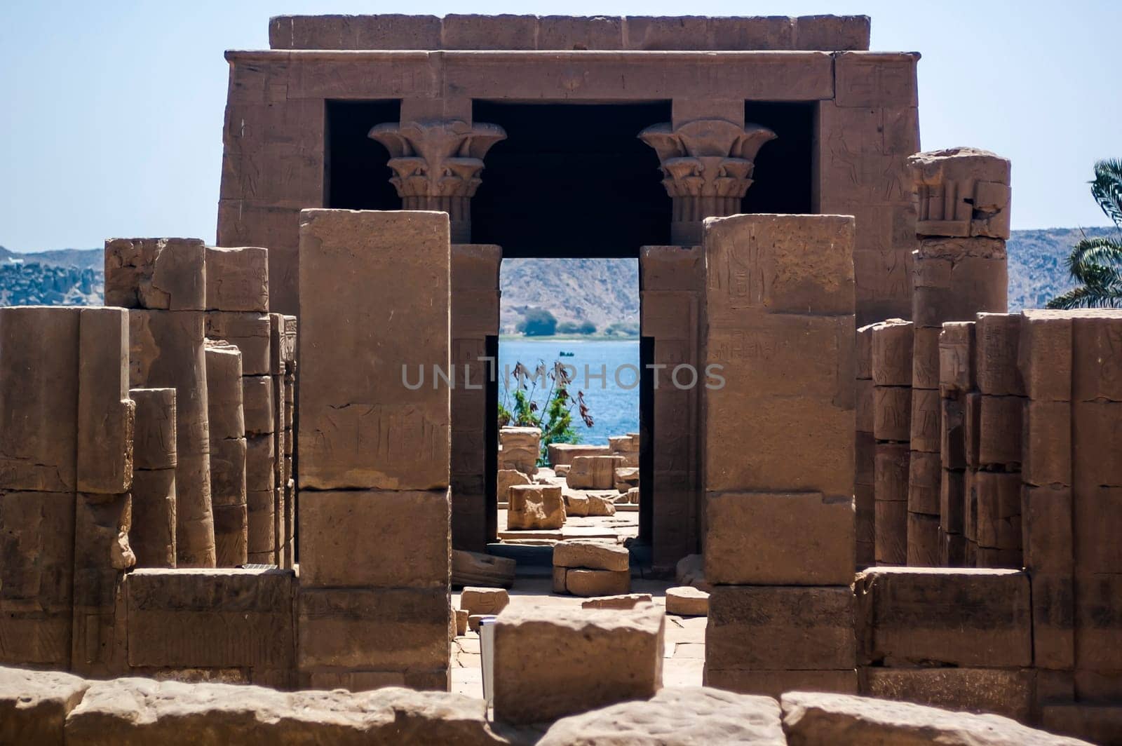 Aswan, Egypt - April 17 2008: The temple of Isis at Philae near the Aswan dam on the Nile. Egypt