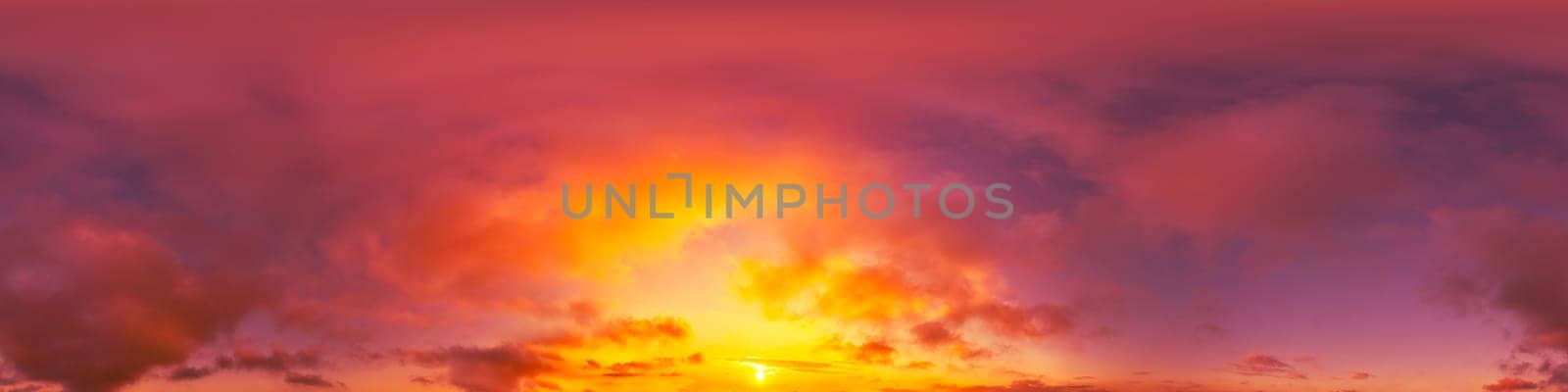 Blue evening sky seamless panorama spherical equirectangular 360 degree view with Cumulus clouds, setting sun. Full zenith for use in 3D graphics, game and aerial drone panoramas as sky replacement. by Matiunina
