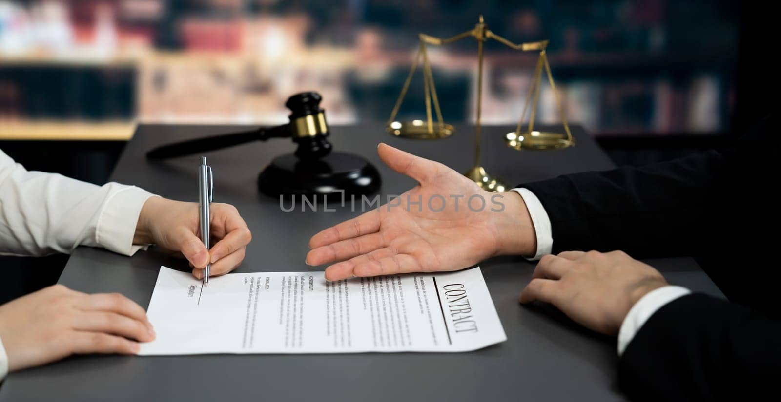 Lawyer signing contract, professional lawyer in law firm library drafting legal document or contract agreement ensuring lawful protection for client's dispute as fairness advocate concept. Equilibrium