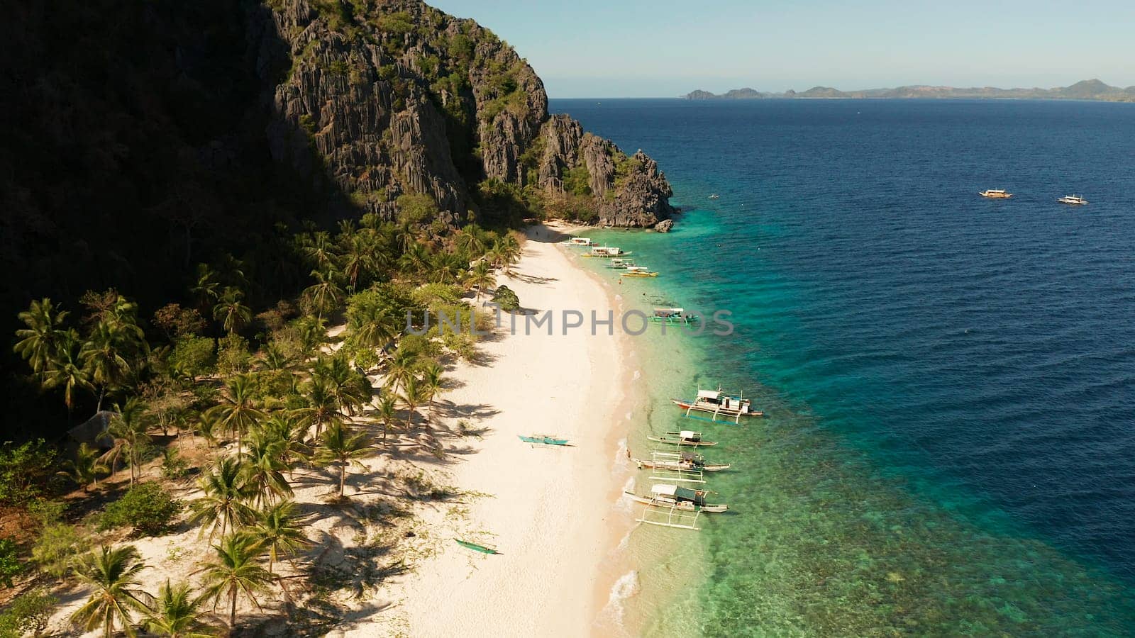 aerial view island with tropical sandy beach and palm trees. Malajon Island, Philippines, Palawan. tourist boats on coast tropical island. Summer and travel vacation concept. beach and blue clear sea water