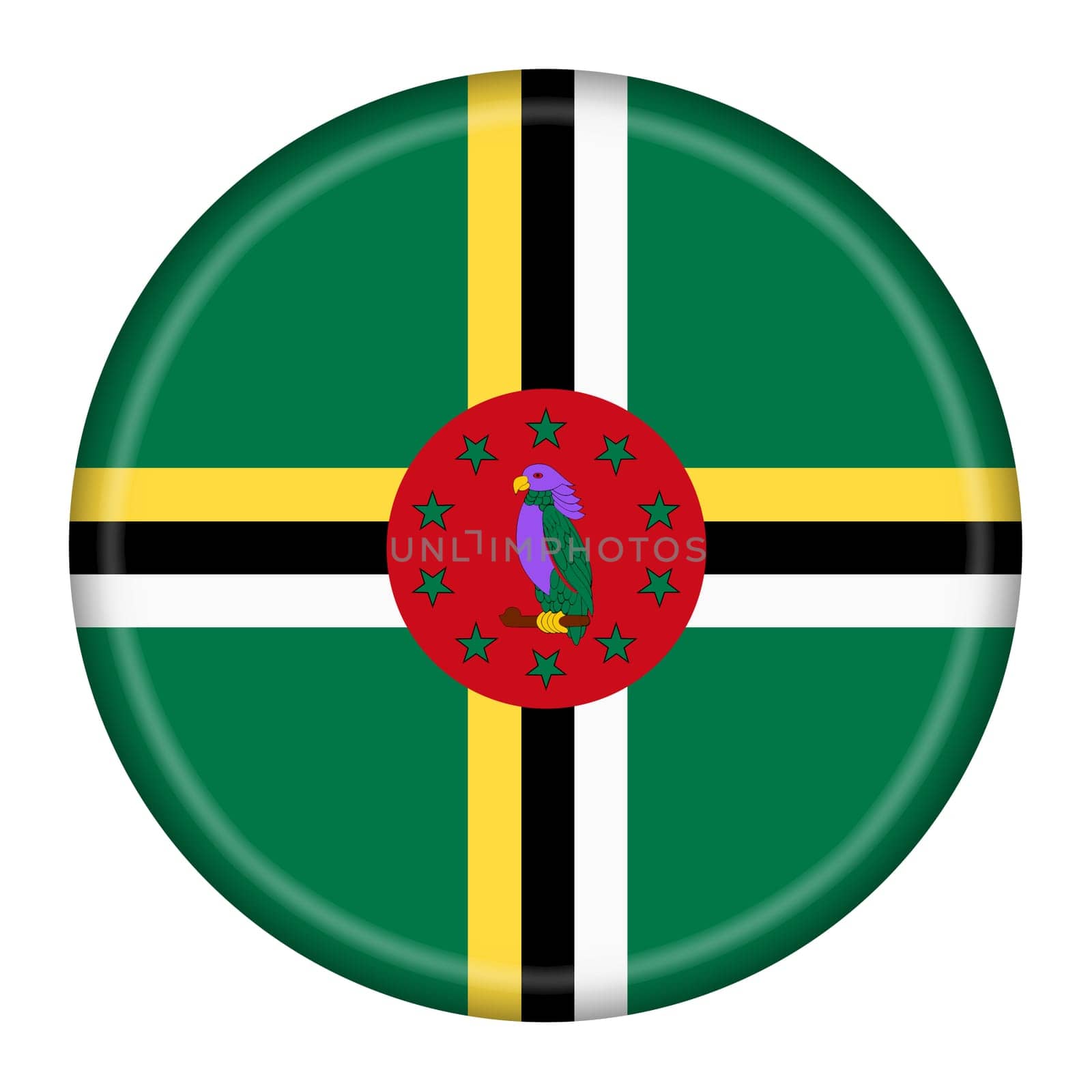 A Dominica flag button 3d illustration with clipping path