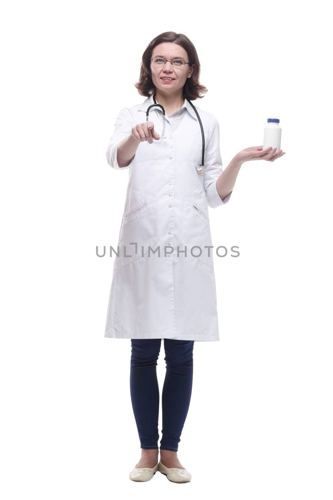 Mature female doctor with disinfectant in hand. isolated on a white background.