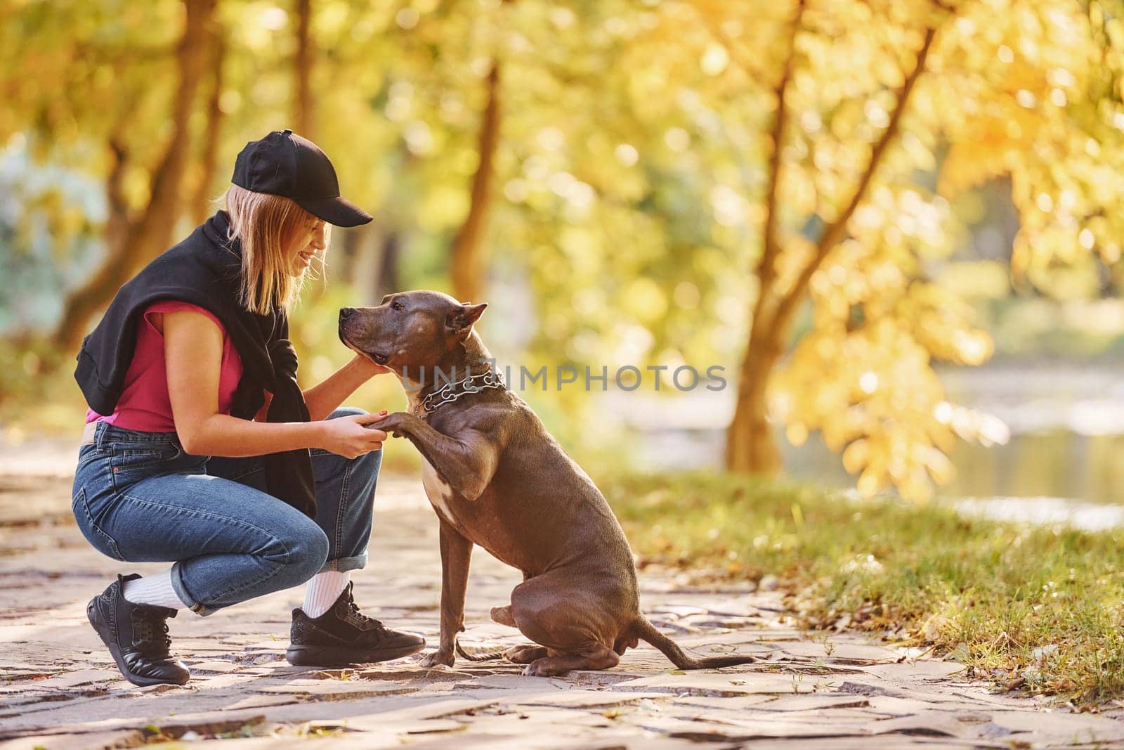 Having a walk. Woman in casual clothes is with pit bull outdoors.