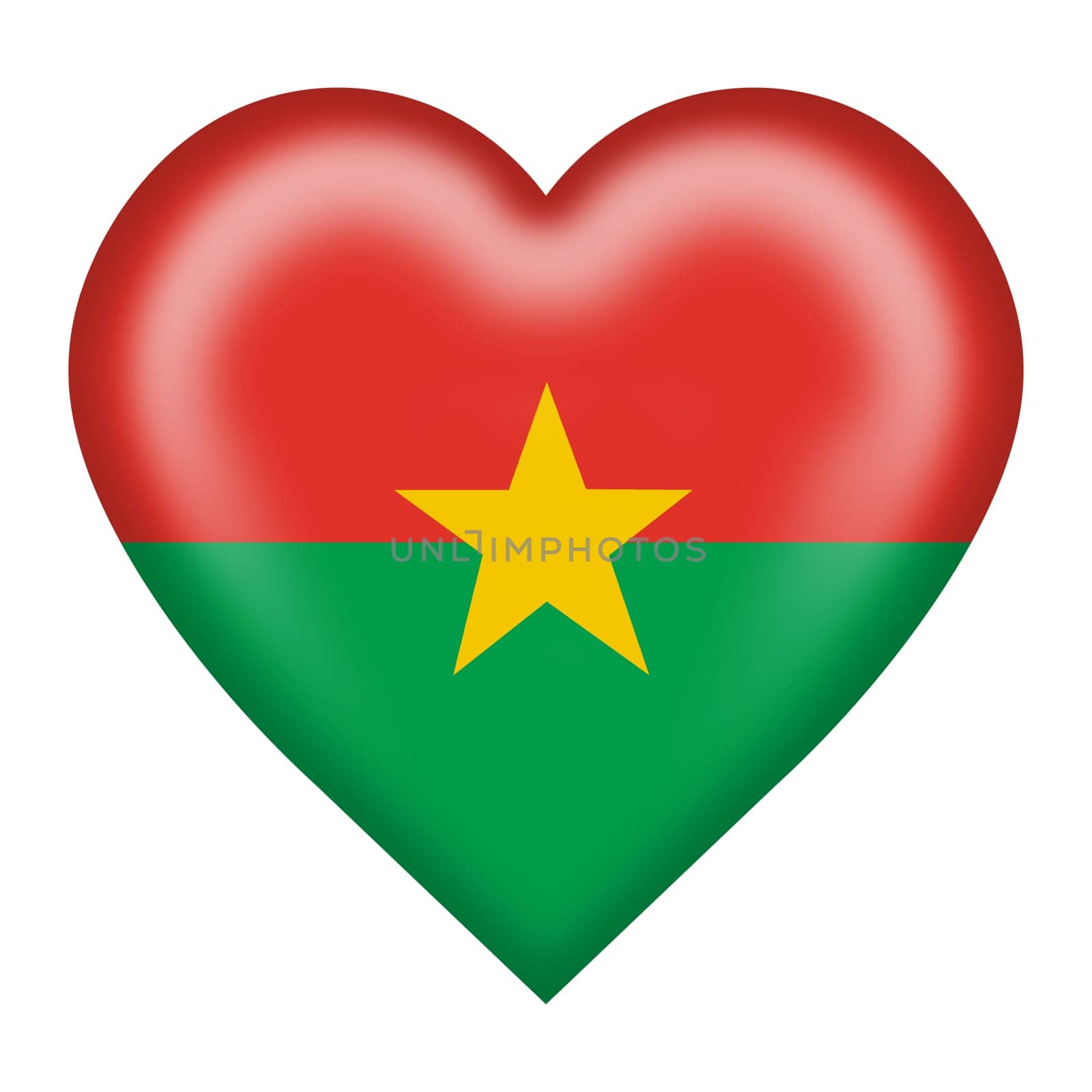 A Burkina flag heart button isolated on white with clipping path 3d illustration