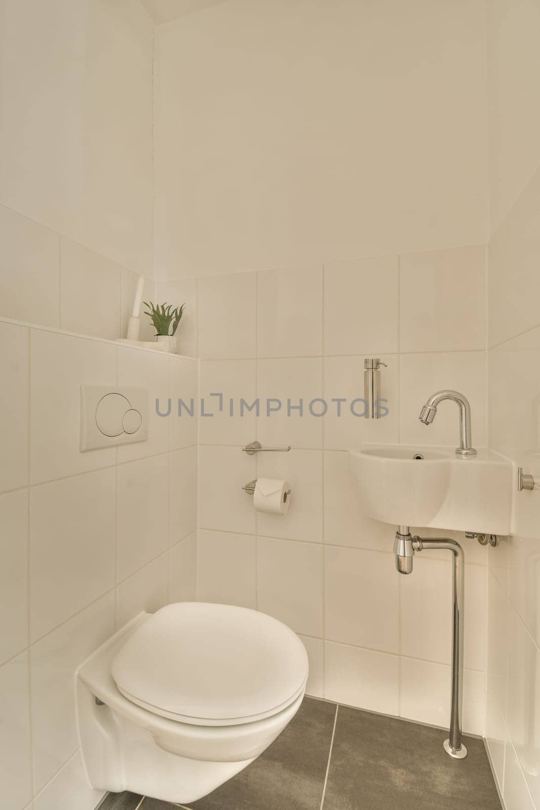 a bathroom with a toilet and sink in the corner, taken from above it is a plant on the wall