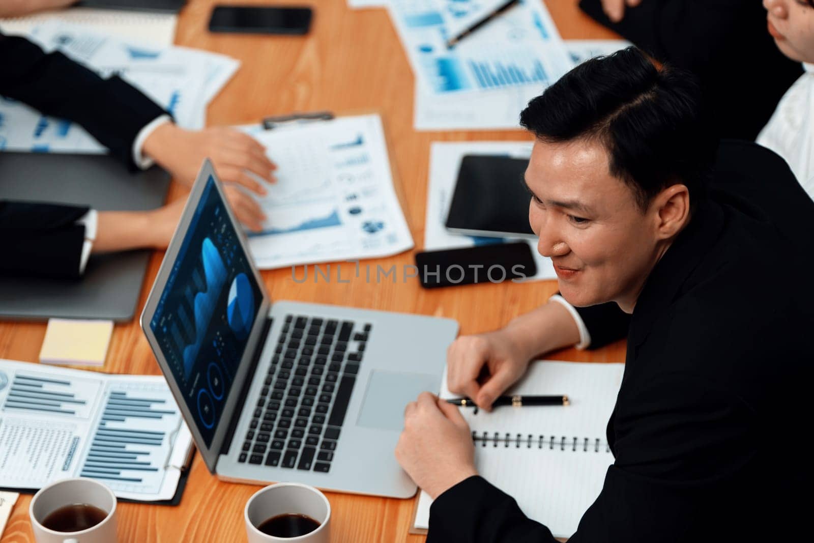 Business team of financial data analysis meeting with business intelligence, report paper and dashboard on laptop for marketing strategy. Business people working together to promote harmony in office.