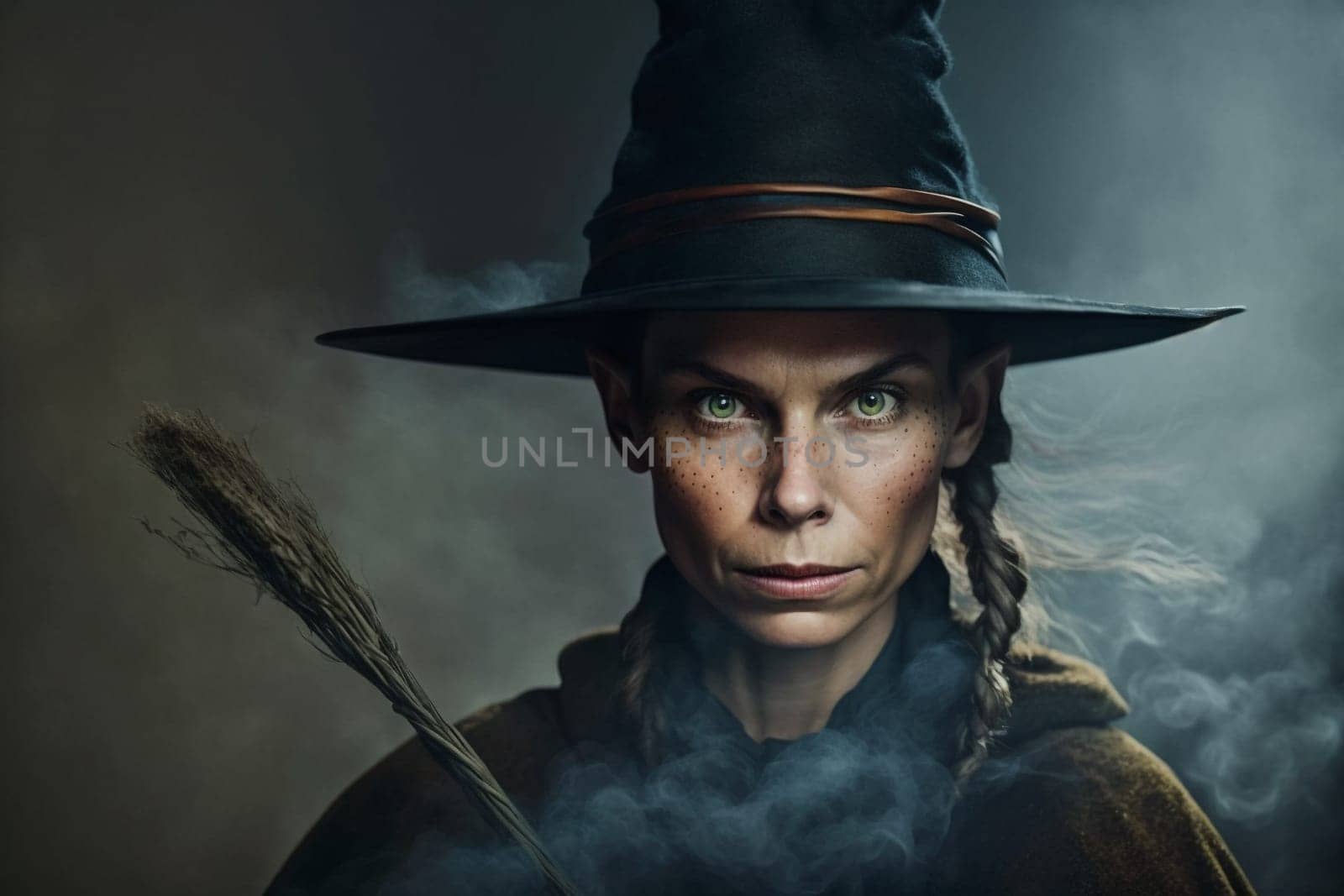 Witch with making witchcraft, magic spells, hat conjuring. Spooky dark magic forest . Magician. Wide Halloween party art design. Terrifying scary personage, beautiful sorceress.