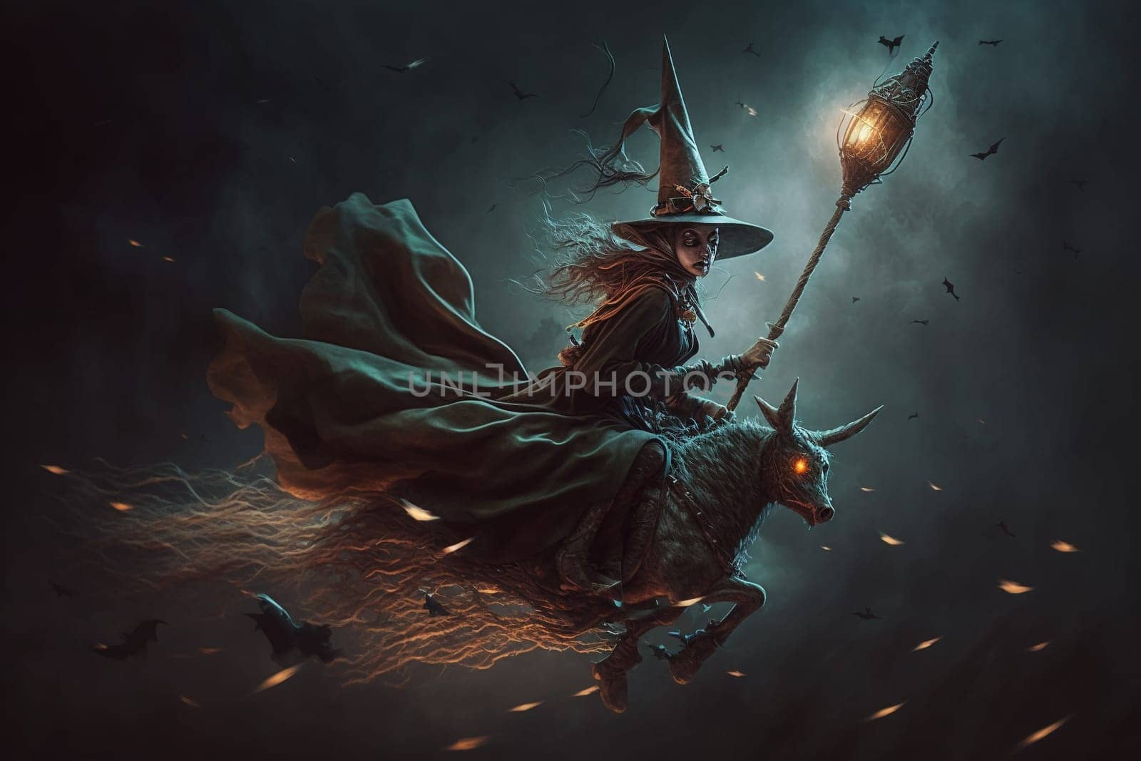 Witch with making witchcraft, magic spells, hat conjuring. Spooky dark magic forest . Magician. Wide Halloween party art design. Terrifying scary personage, beautiful sorceress.