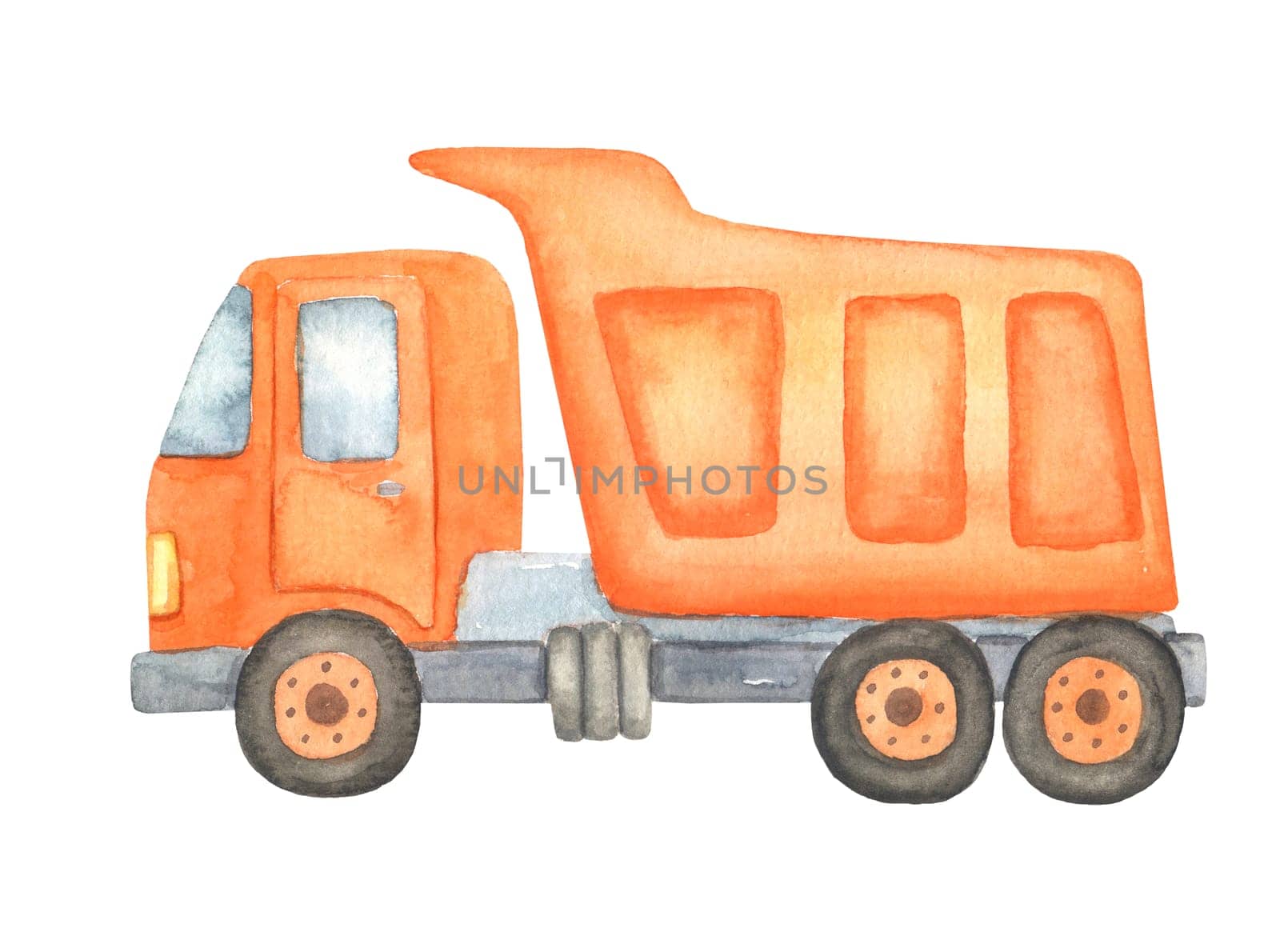 Dump truck, mining dump truck in cartoon style. Watercolor construction machine isolated on white. by ElenaPlatova