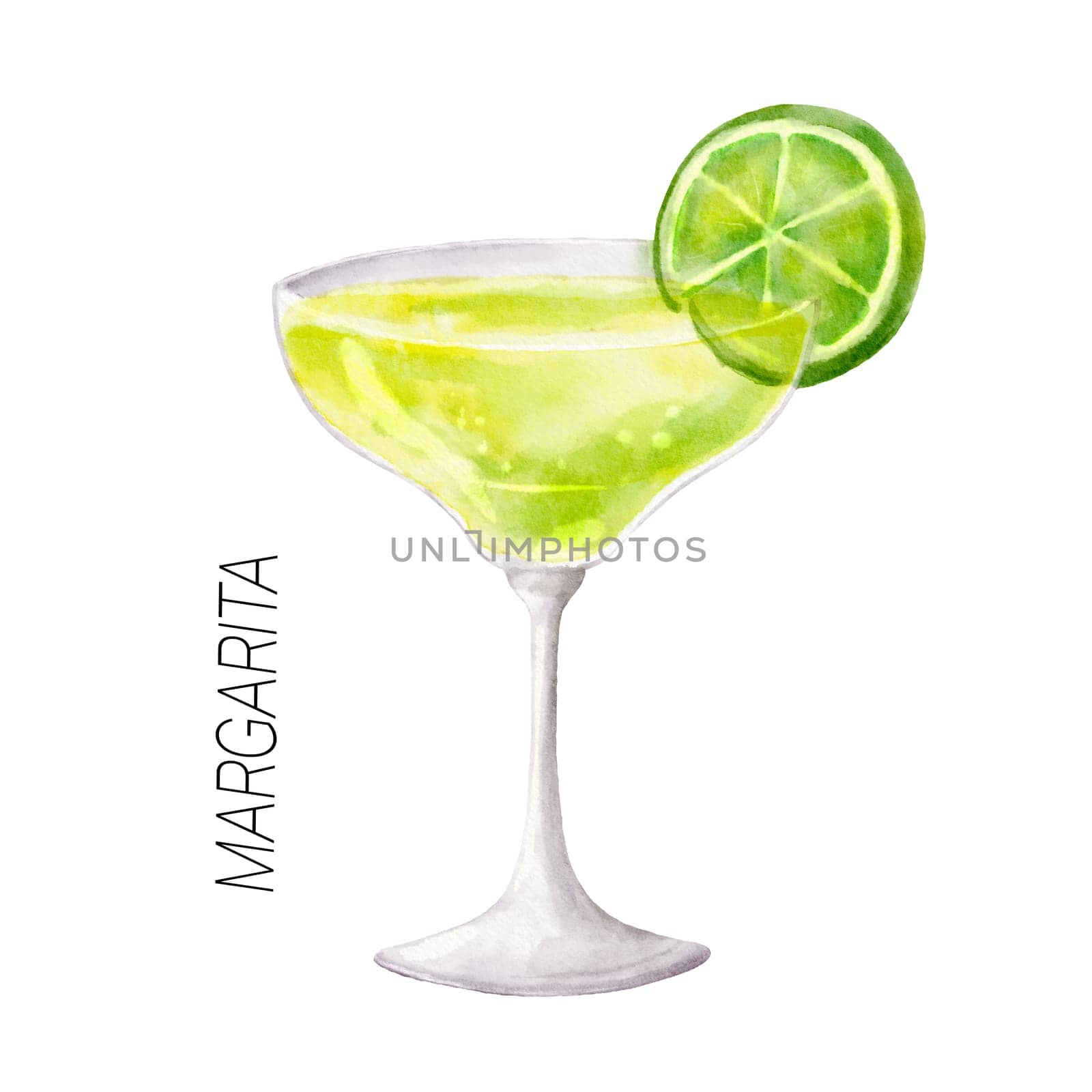 Lime Margarita cocktail. Watercolor illustration of drink in glass isolated on white by ElenaPlatova