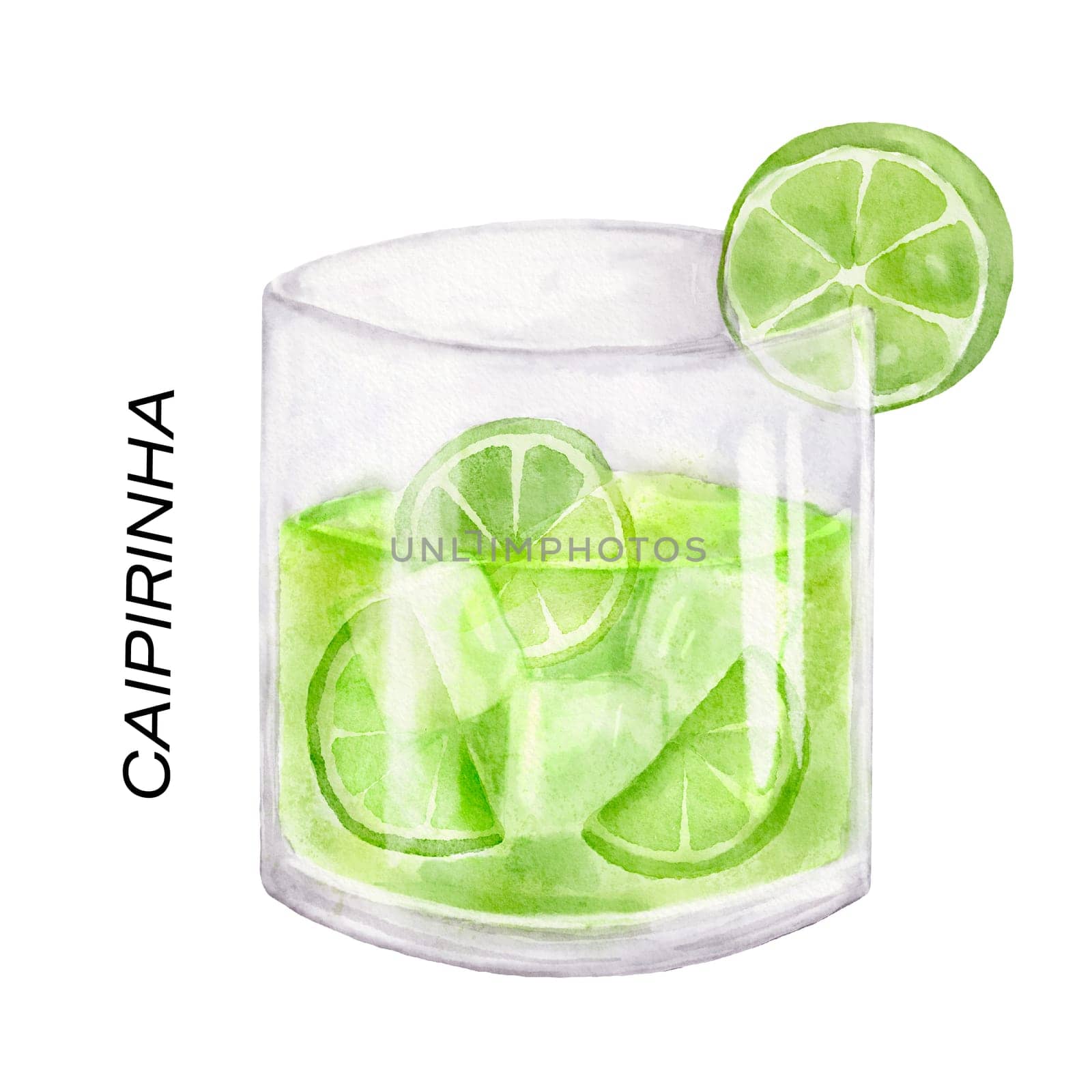 Lime Brazil Caipirinha cocktail. Watercolor illustration of drink in glass isolated on white by ElenaPlatova