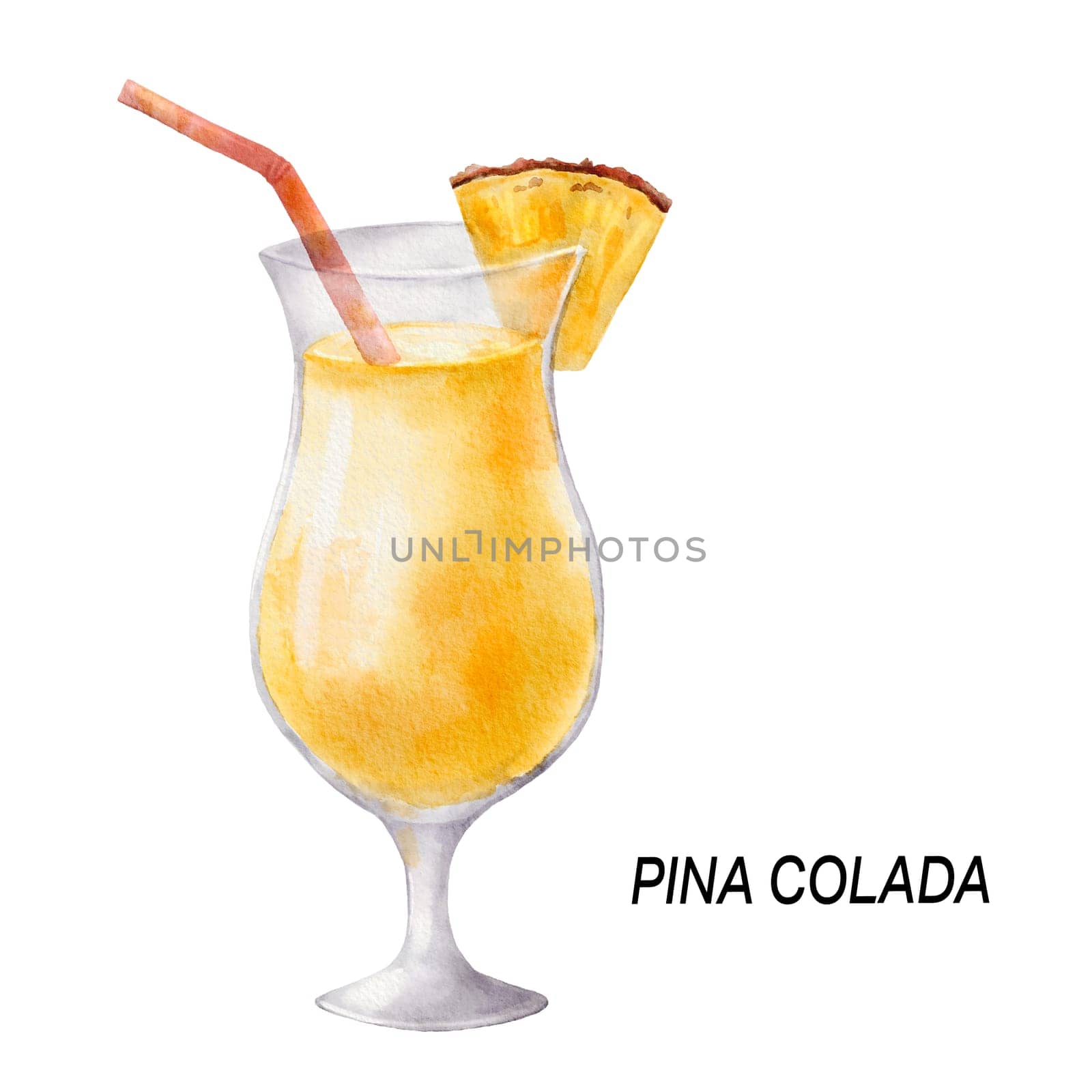 Pina colada cocktail. Watercolor illustration of drink in glass isolated on white background