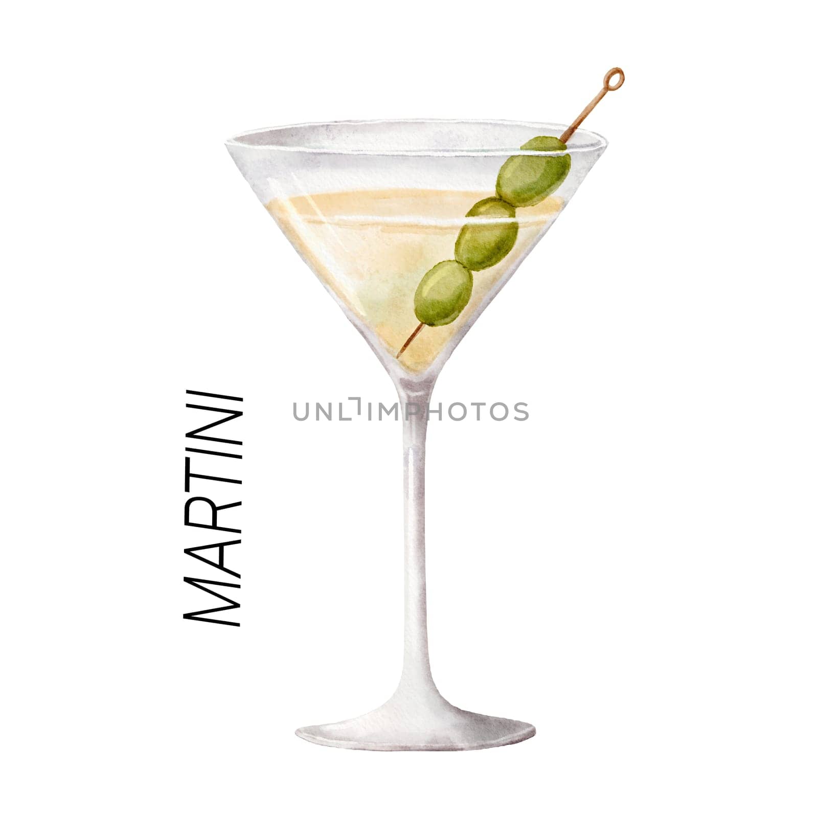 Martini cocktail. Watercolor illustration of drink in glass isolated on white background