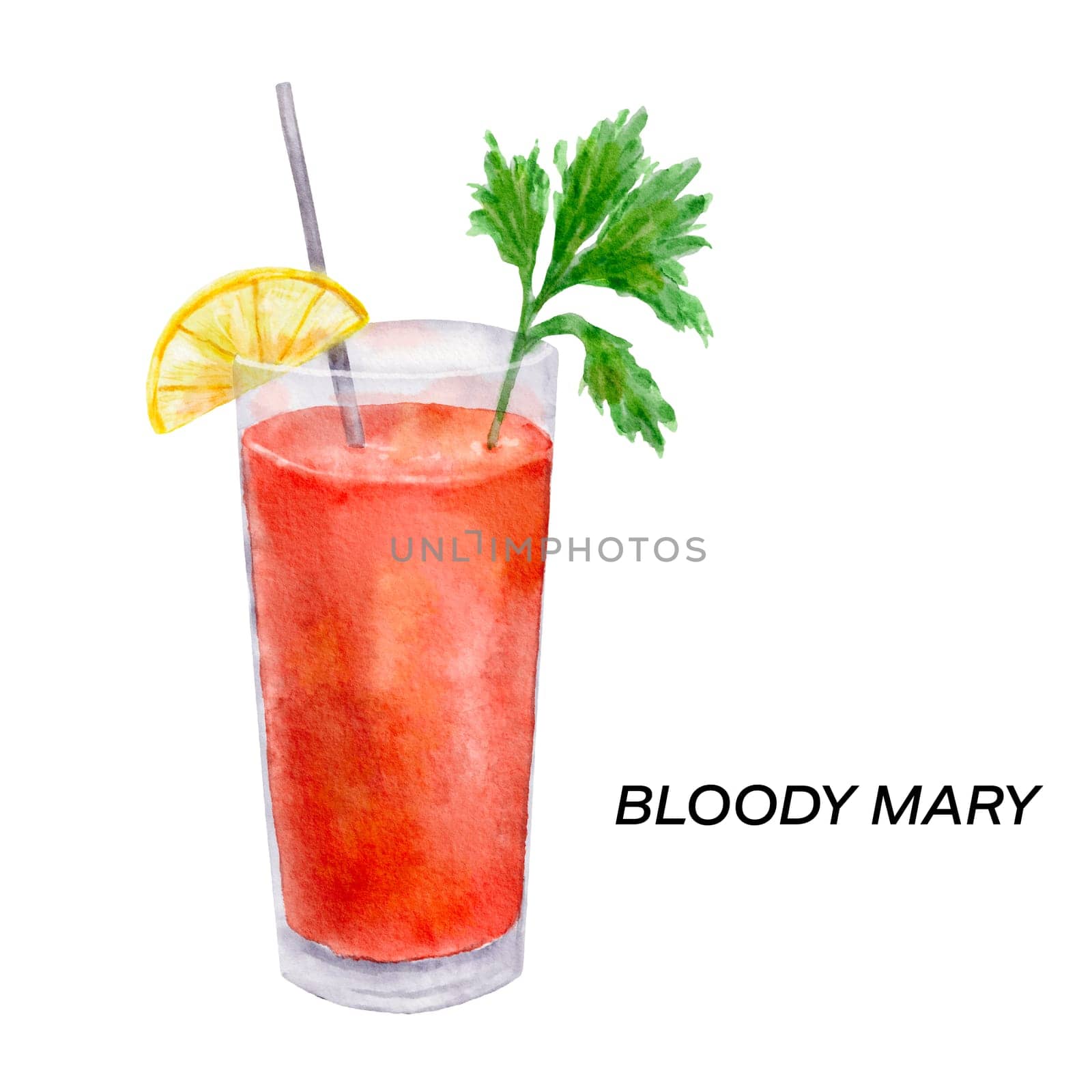Bloody mary cocktail. Watercolor illustration of drink in glass isolated on white by ElenaPlatova