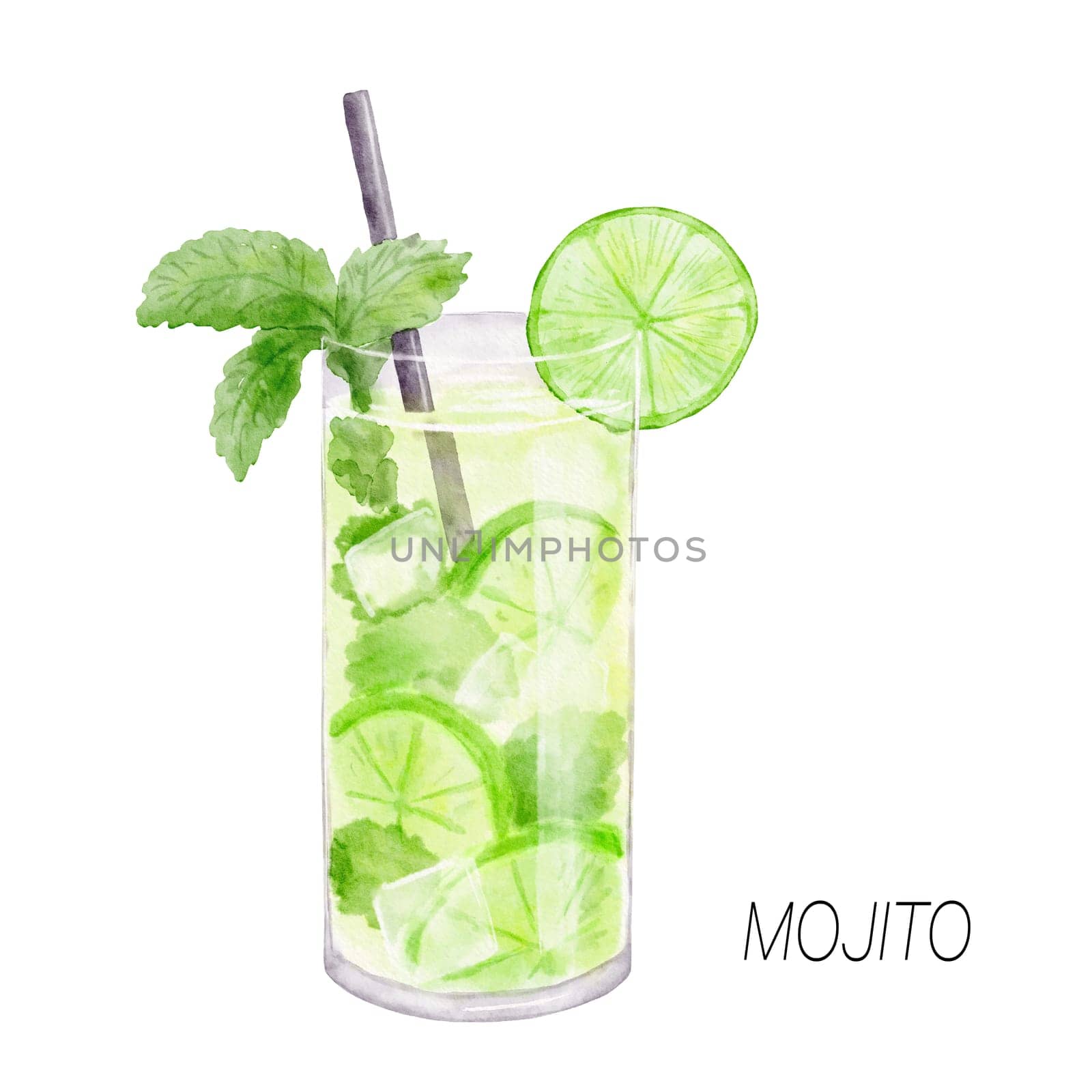 Mojito cocktail. Watercolor illustration of drink in glass isolated on white background