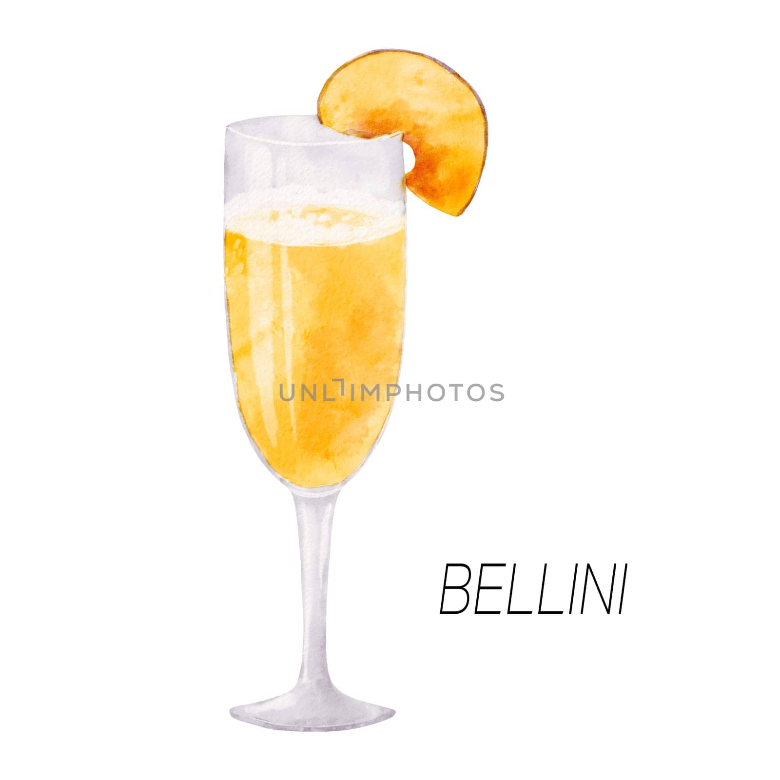 Bellini cocktail. Watercolor illustration of drink in glass isolated on white background