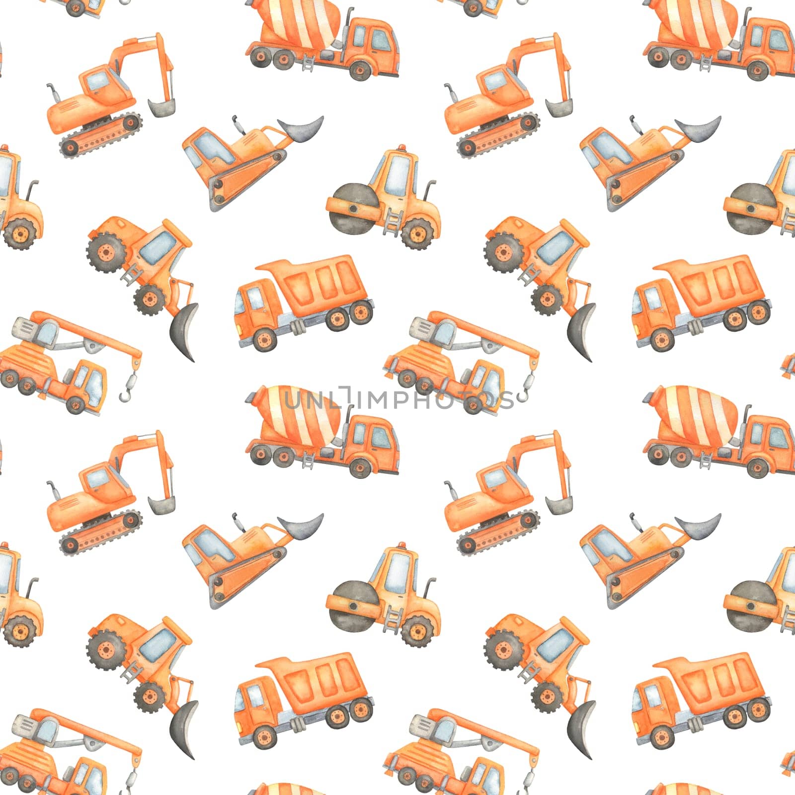 Watercolor seamless pattern with construction equipment on white background. Pattern with orange machines for children's textiles and packaging. Excavator, concrete mixer and truck.