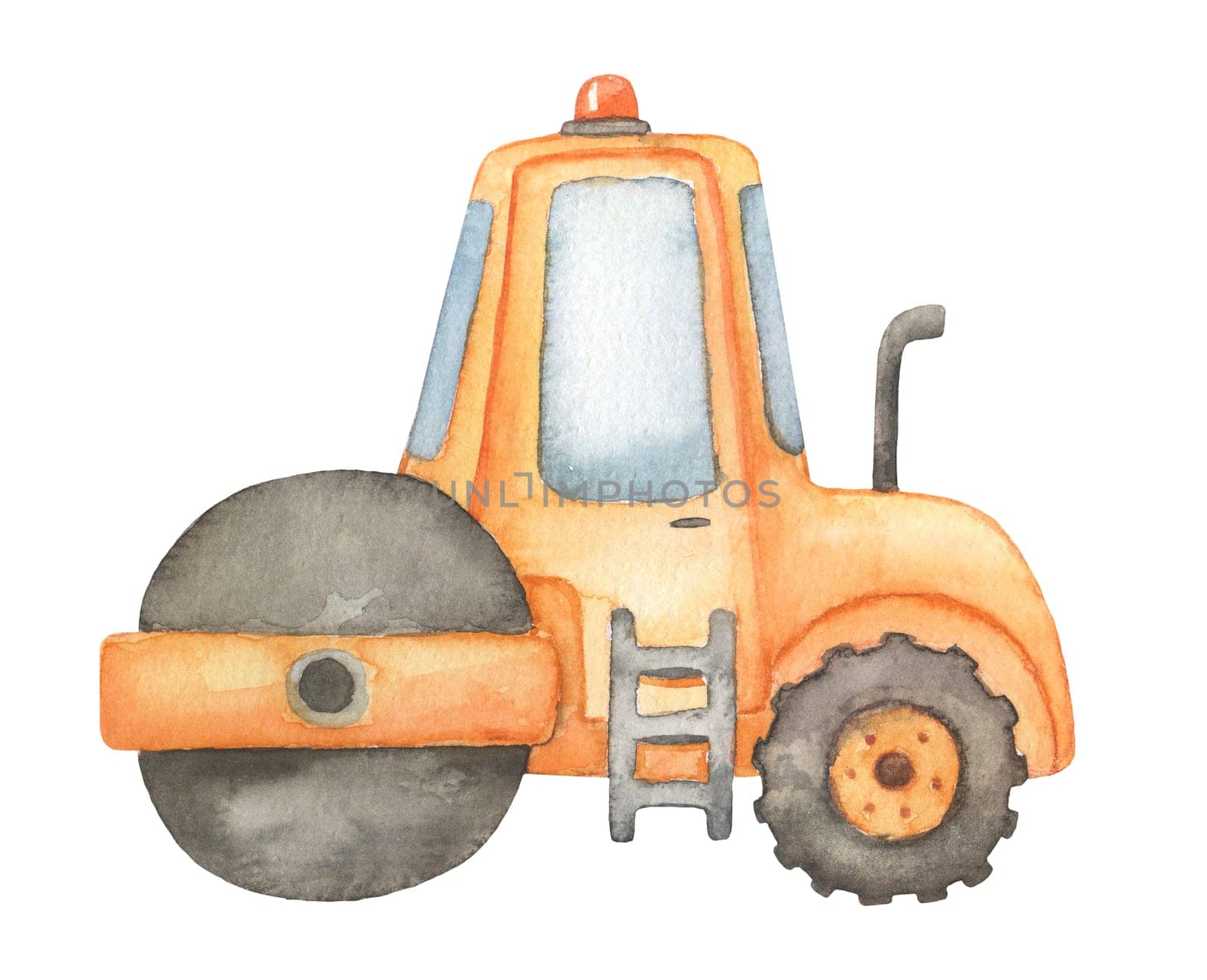 Construction road roller. Watercolor illustration isolated on white. Childish construction vehicle
