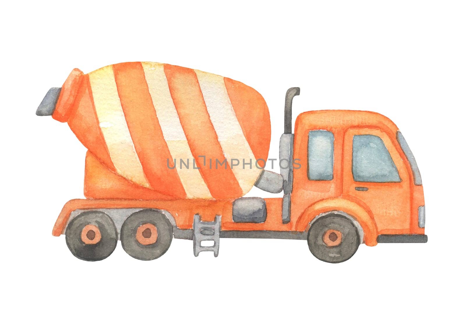 Concrete mixer. Watercolor illustration isolated on white background. Childish construction vehicle