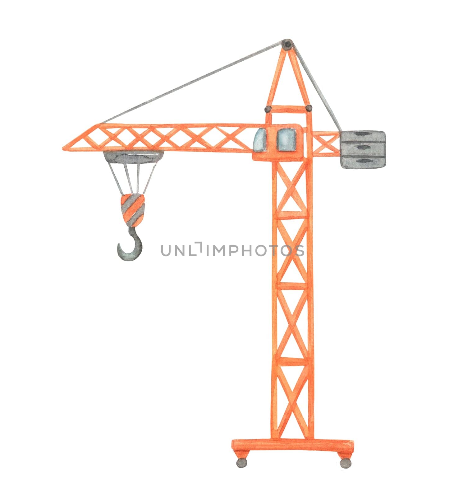 Construction crane. Watercolor illustration isolated on white background. Childish cute construction vehicle