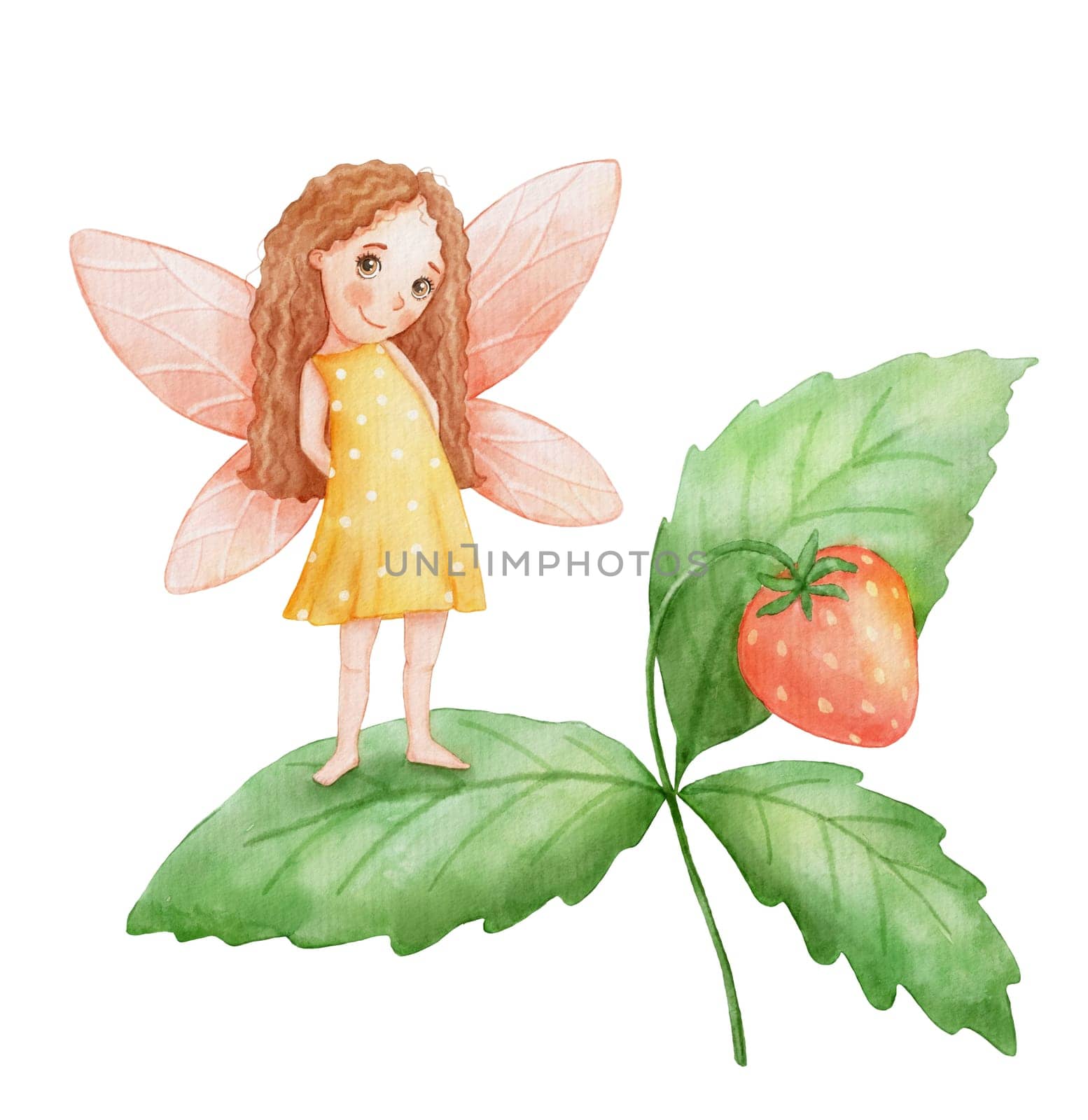 Cute little fairy stands on strawberry leaf. Watercolor illustration for kid isolated on white. by ElenaPlatova