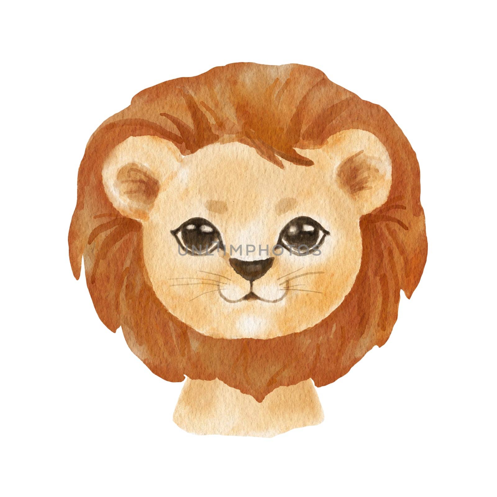 Cute portrait lion head in cartoon style. Drawing african baby wild cat face isolated on white background. Watercolor sweet lion for kids poster and card.
