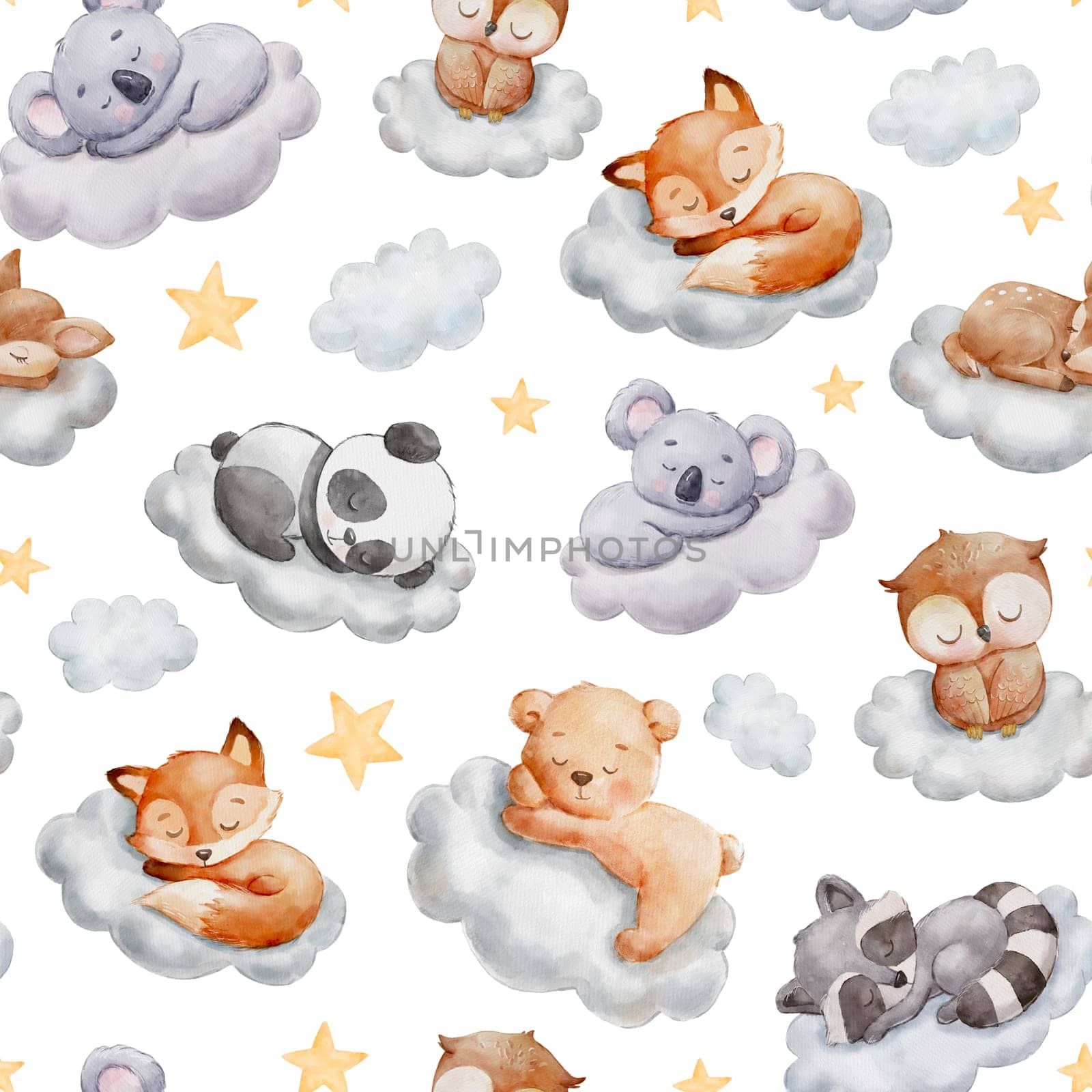 Watercolor seamless pattern for childish bed linen or pajamas. Cute dreaming woodland animals on cloud. Baby bear, fox, owl and panda on white