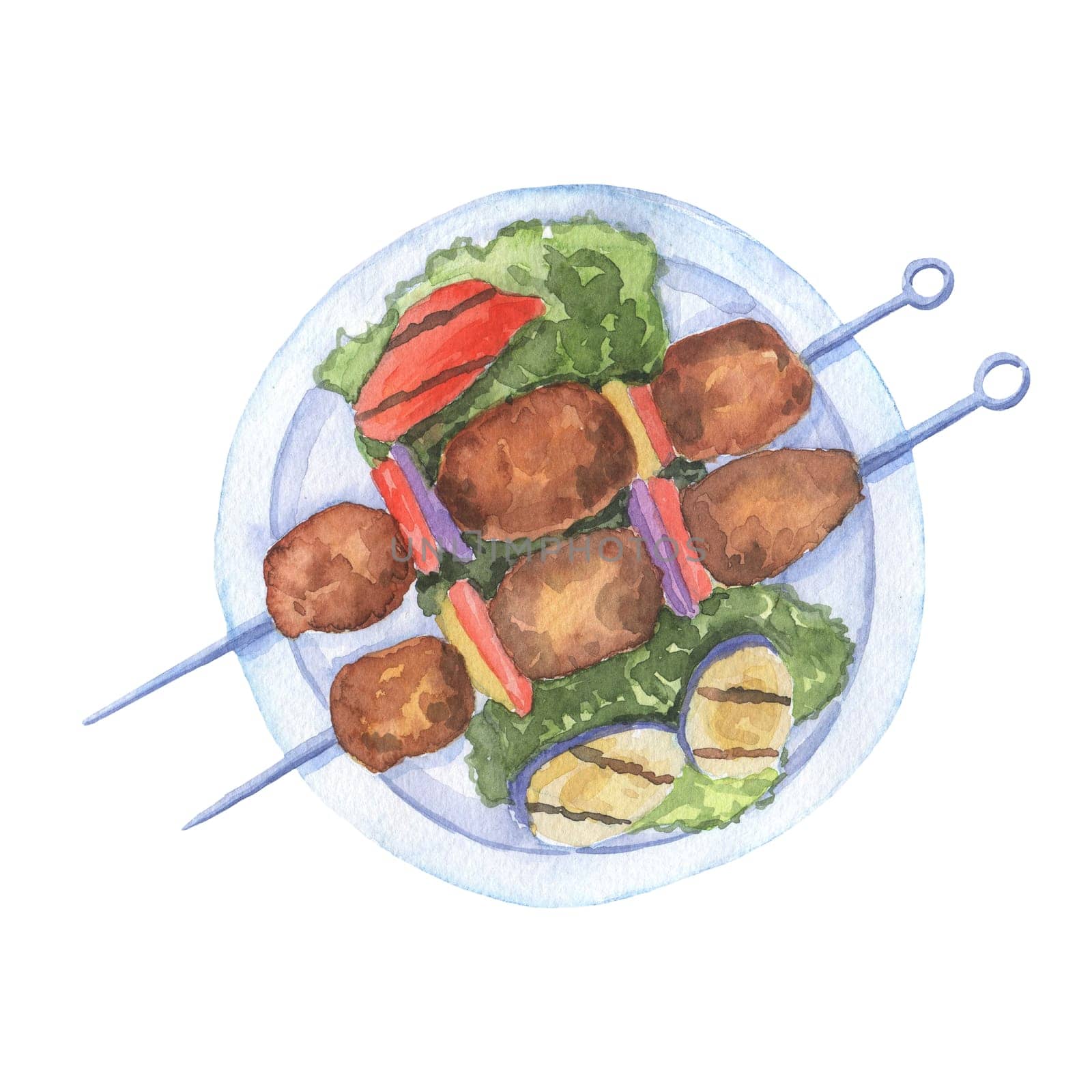 Meat kebab. Cooked picnic vegetables and Grilled meat isolated on white. Barbecue illustration by ElenaPlatova