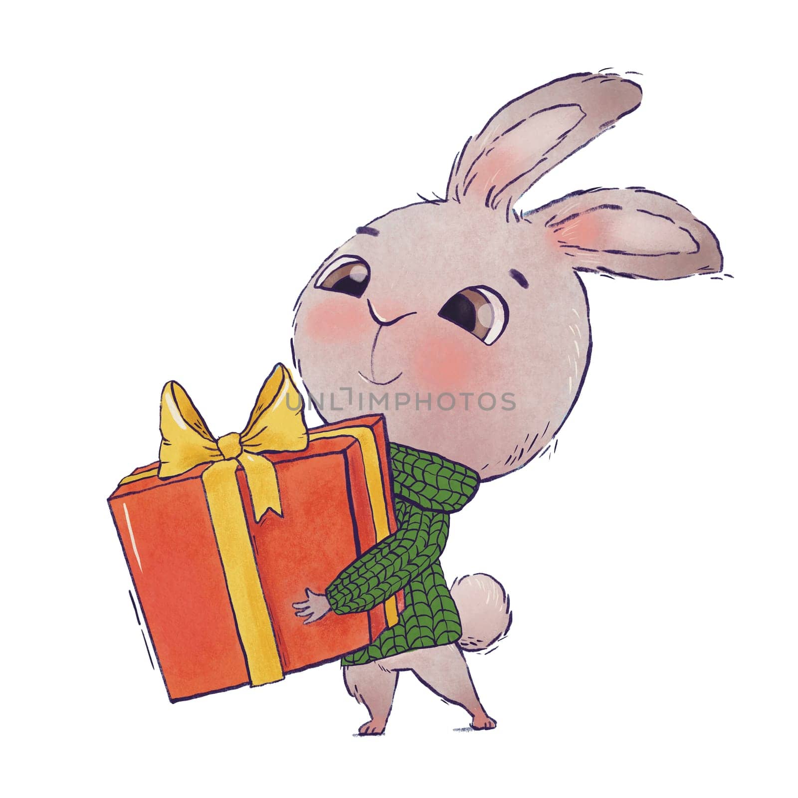 Cute character bunny holding gift box. Watercolor illustration rabbit isolated on white background. Symbol new year 2023