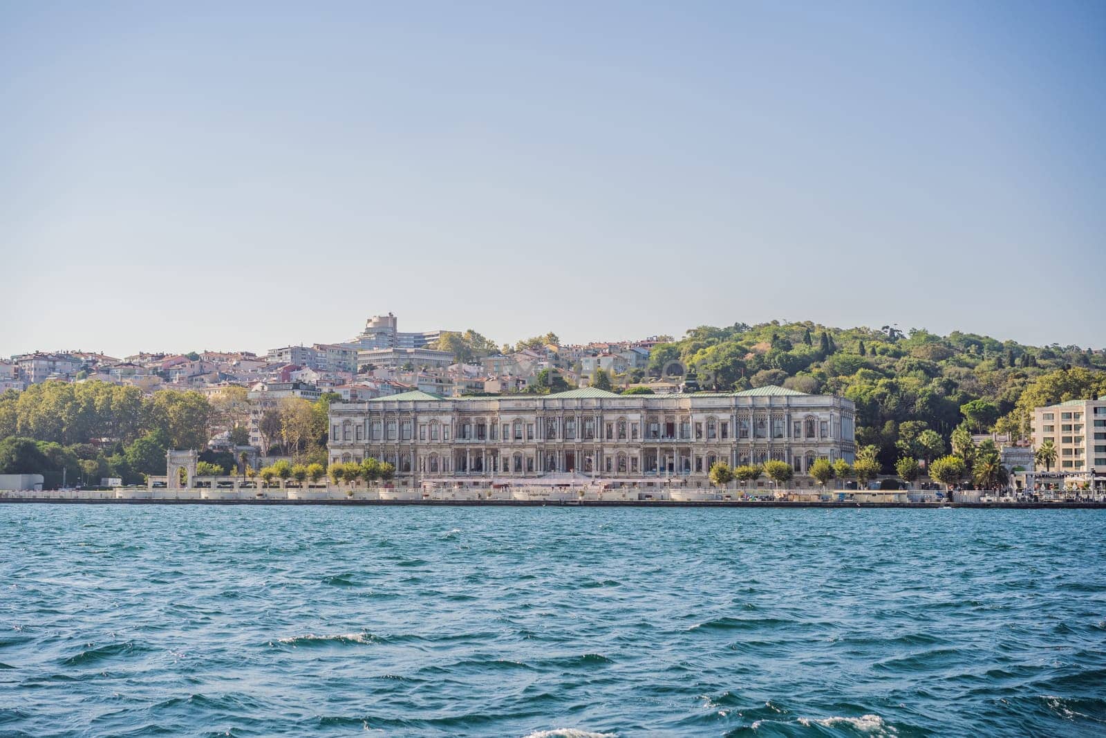 landscape scenery of Dolmabahce palacewith reflection, istanbul, turkey waterfront view from bosporus.