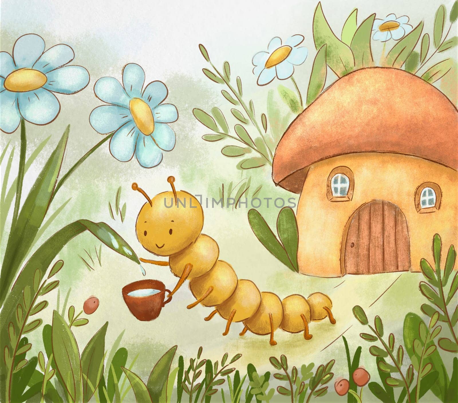 Cute yellow caterpillar pours dew from flower next to house in grass. Childish book illustration, poster and postcard