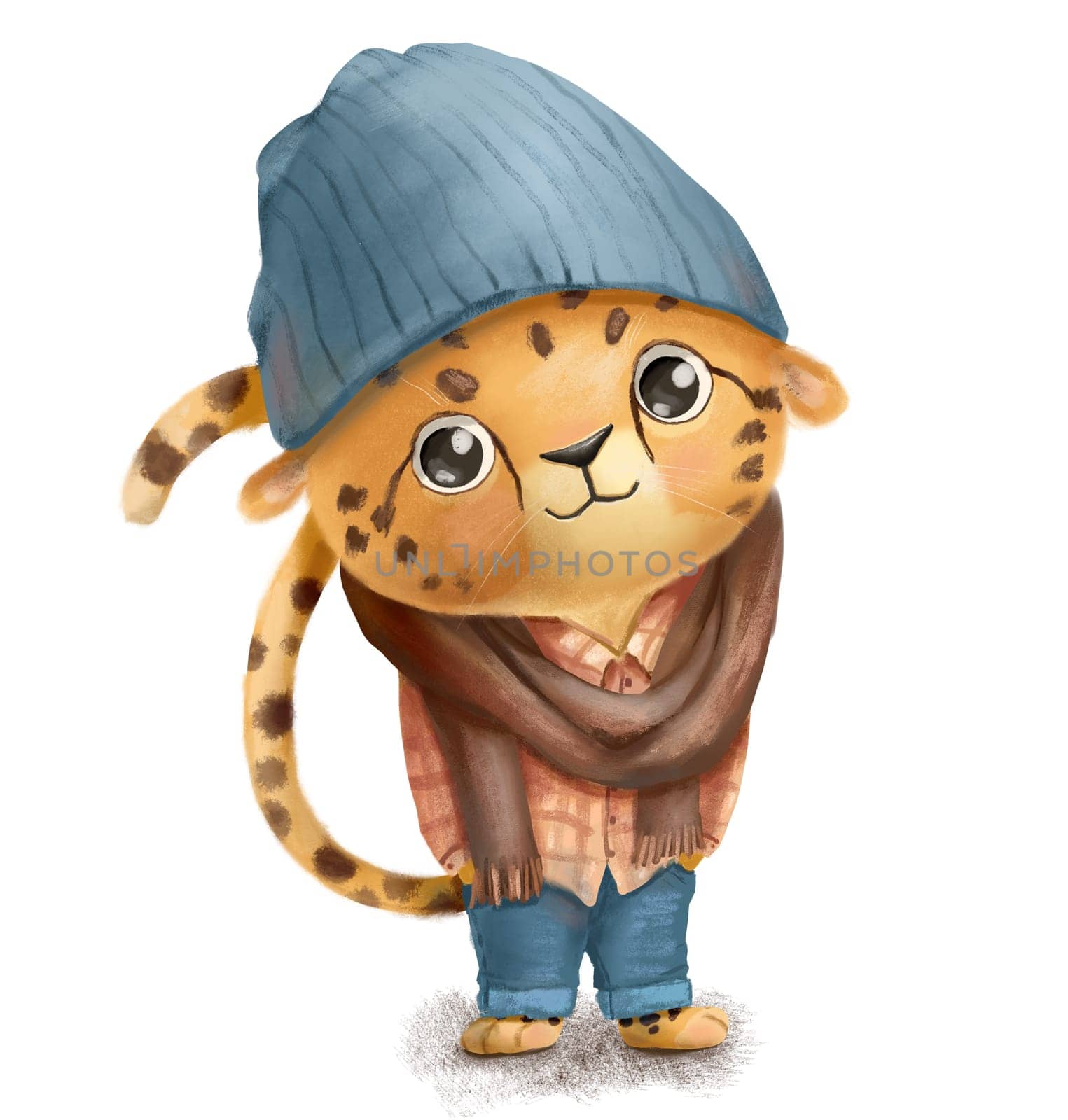 Cute baby cheetah . Cool teen cartoon character for kids. Leopard in jeans, hat and scarf. Hand drawn illustration isolated on white by ElenaPlatova