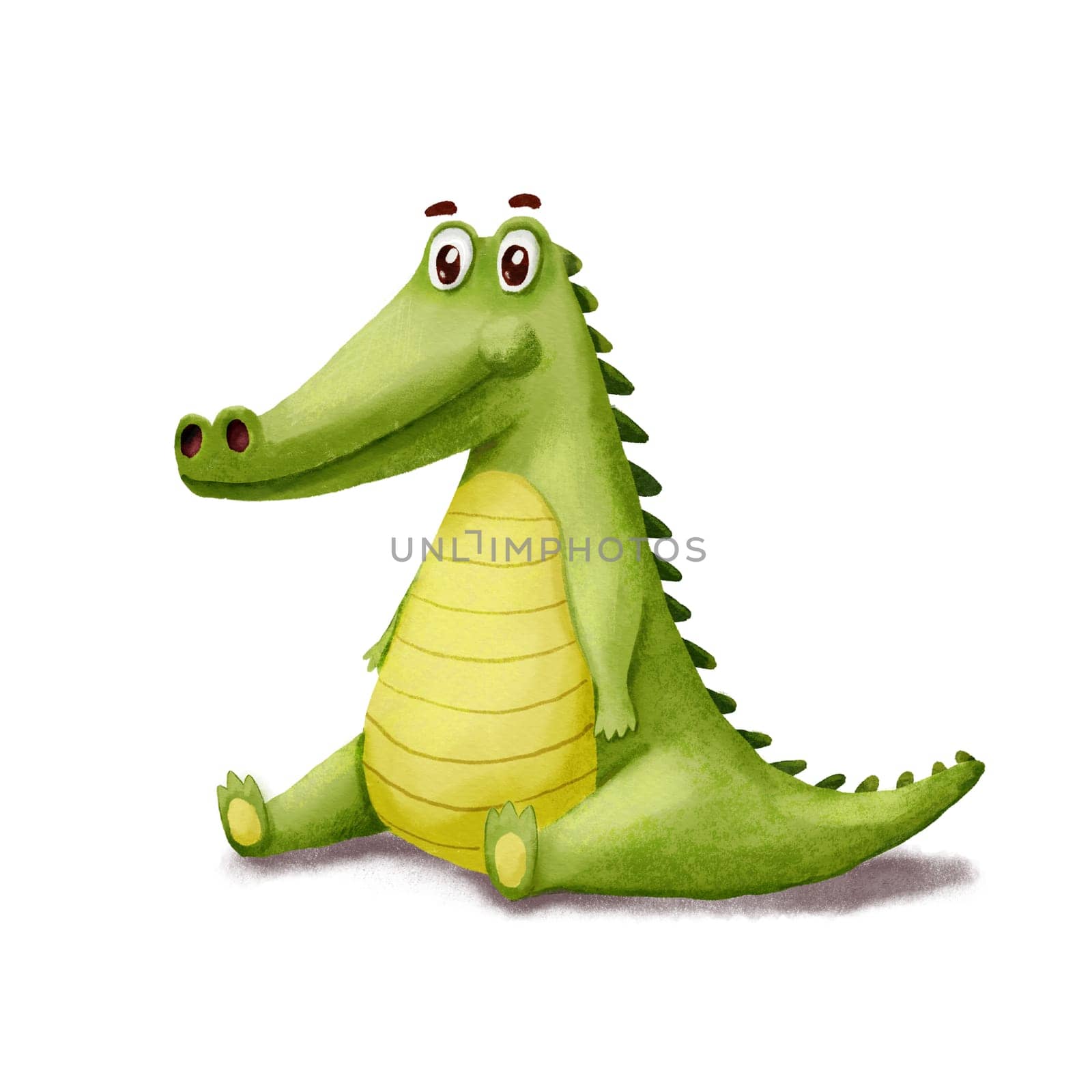 Cute Crocodile. Funny Alligator isolated on white. Cartoon hand drawn Illustration. Green Animal Character is sitting