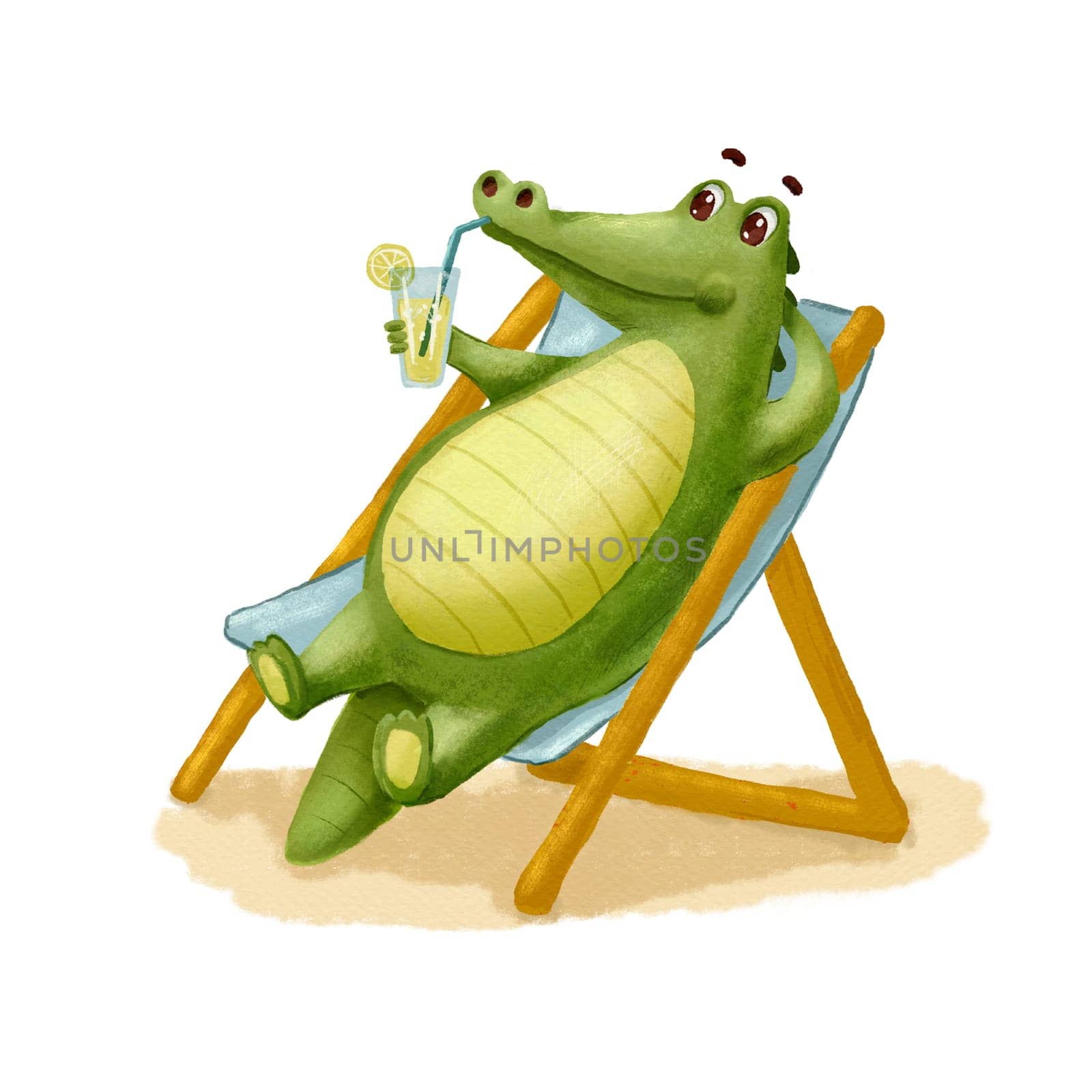 Cute Crocodile on beach with drink. Funny Alligator isolated on white. Cartoon hand drawn Illustration.