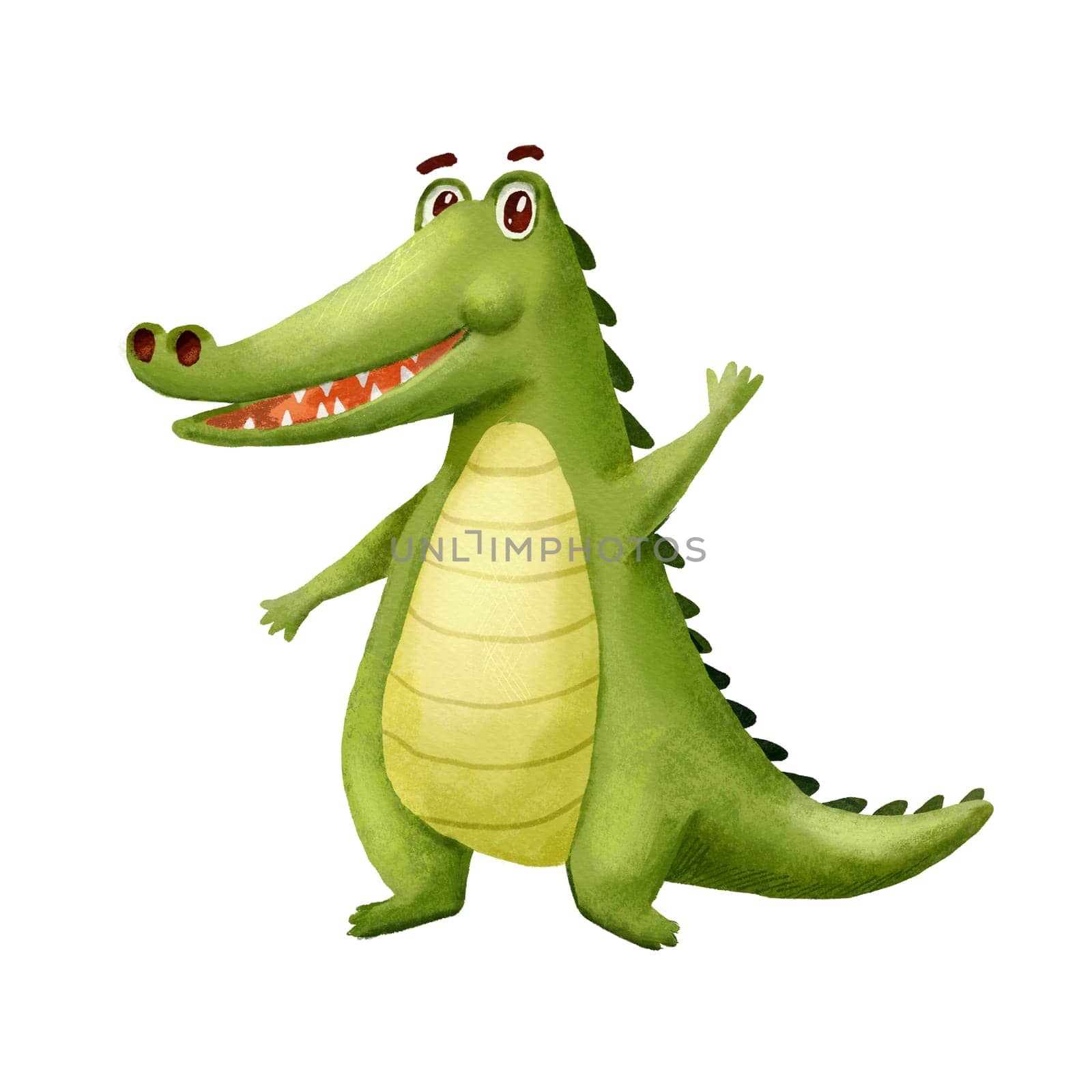 Cute Crocodile waving hand. Funny Alligator isolated on white. Cartoon hand drawn Illustration. Green Animal Character
