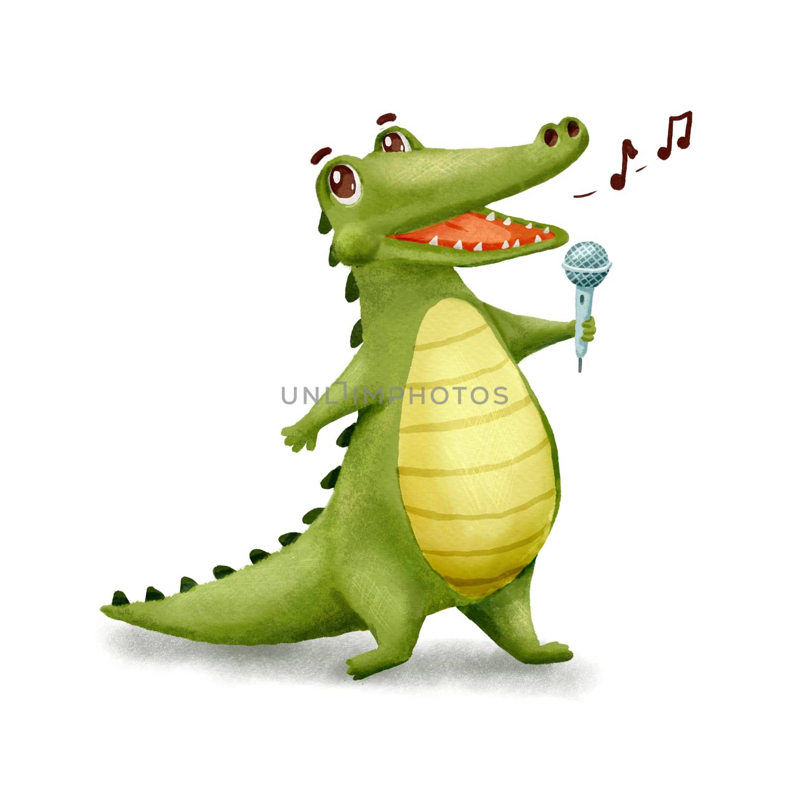 Cute Crocodile is singer. Funny Alligator with microphone isolated on white. Cartoon Illustration Animal Character singing song