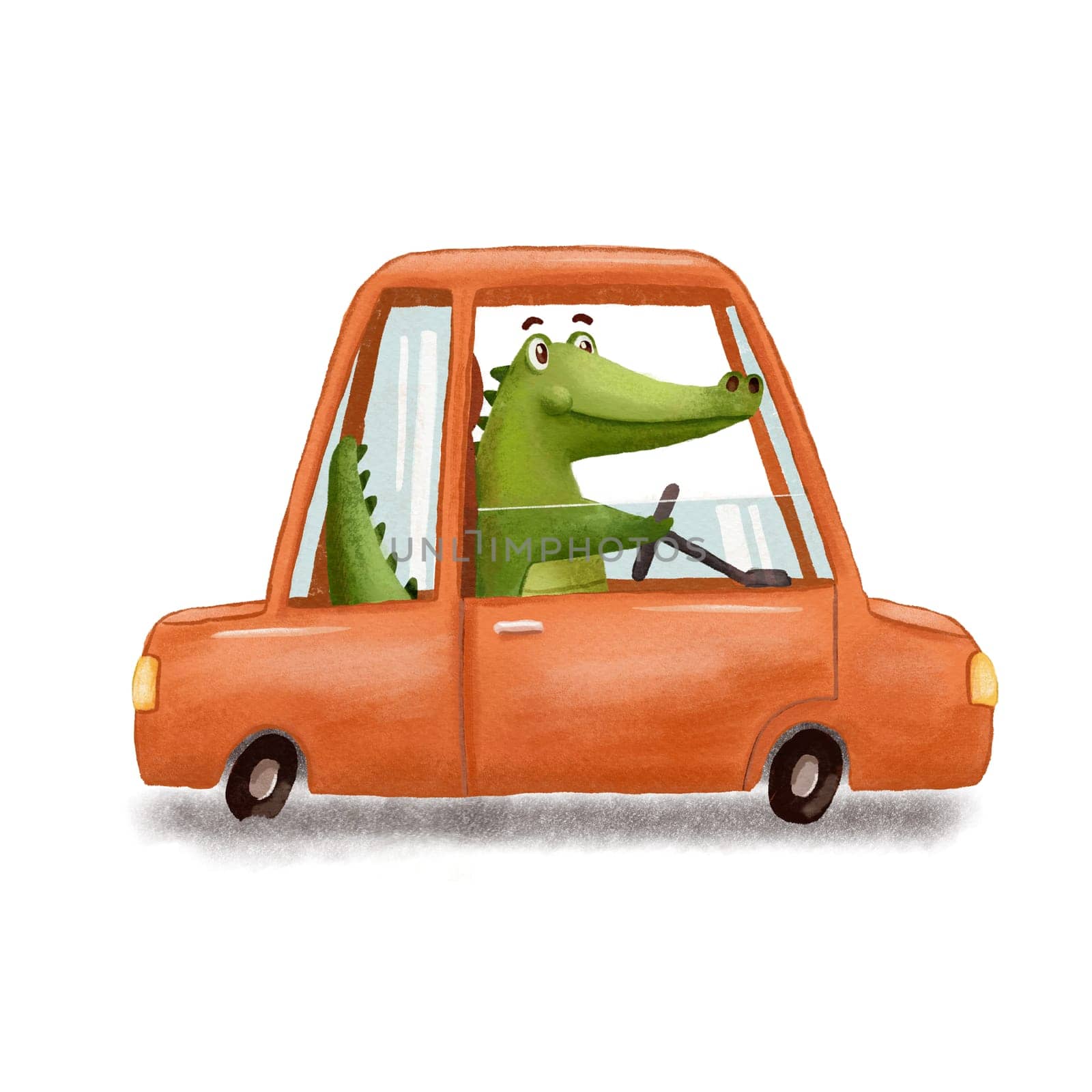 Cute Crocodile driving red car. Funny Alligator isolated on white. Cartoon hand drawn Illustration. by ElenaPlatova