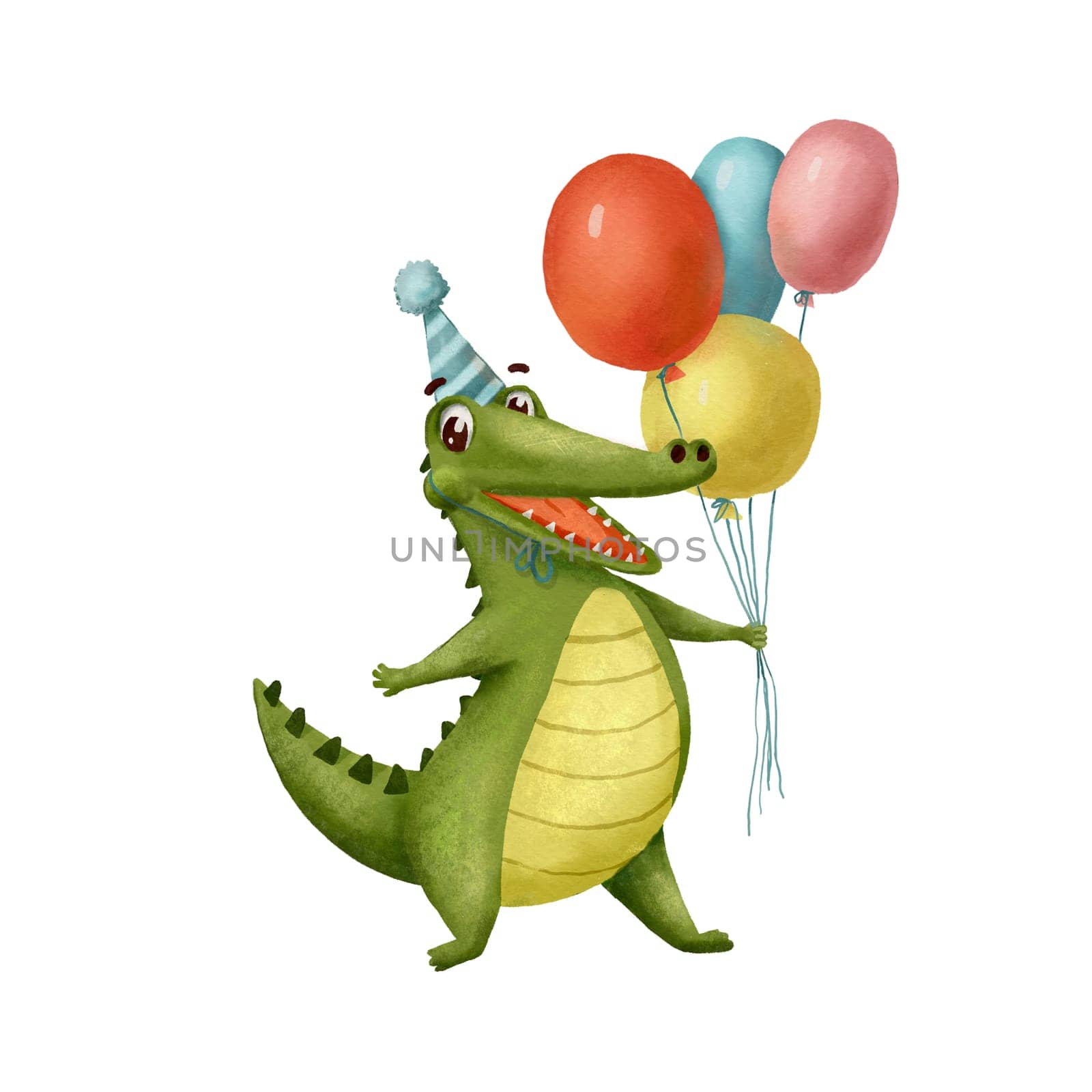 Funny crocodile in cap holds balloons and laughs. Watercolor animal character for birthday card isolated on white background