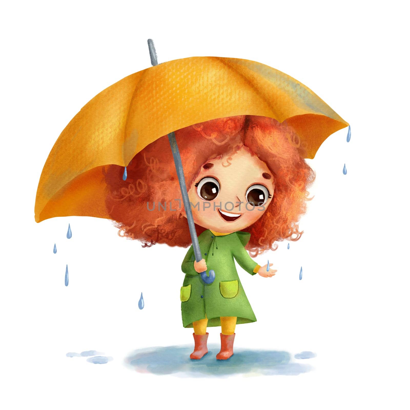 Funny little cartoon girl with umbrella stands in puddle in rain and smiles. Hand drawn illustration for children isolated on white. by ElenaPlatova