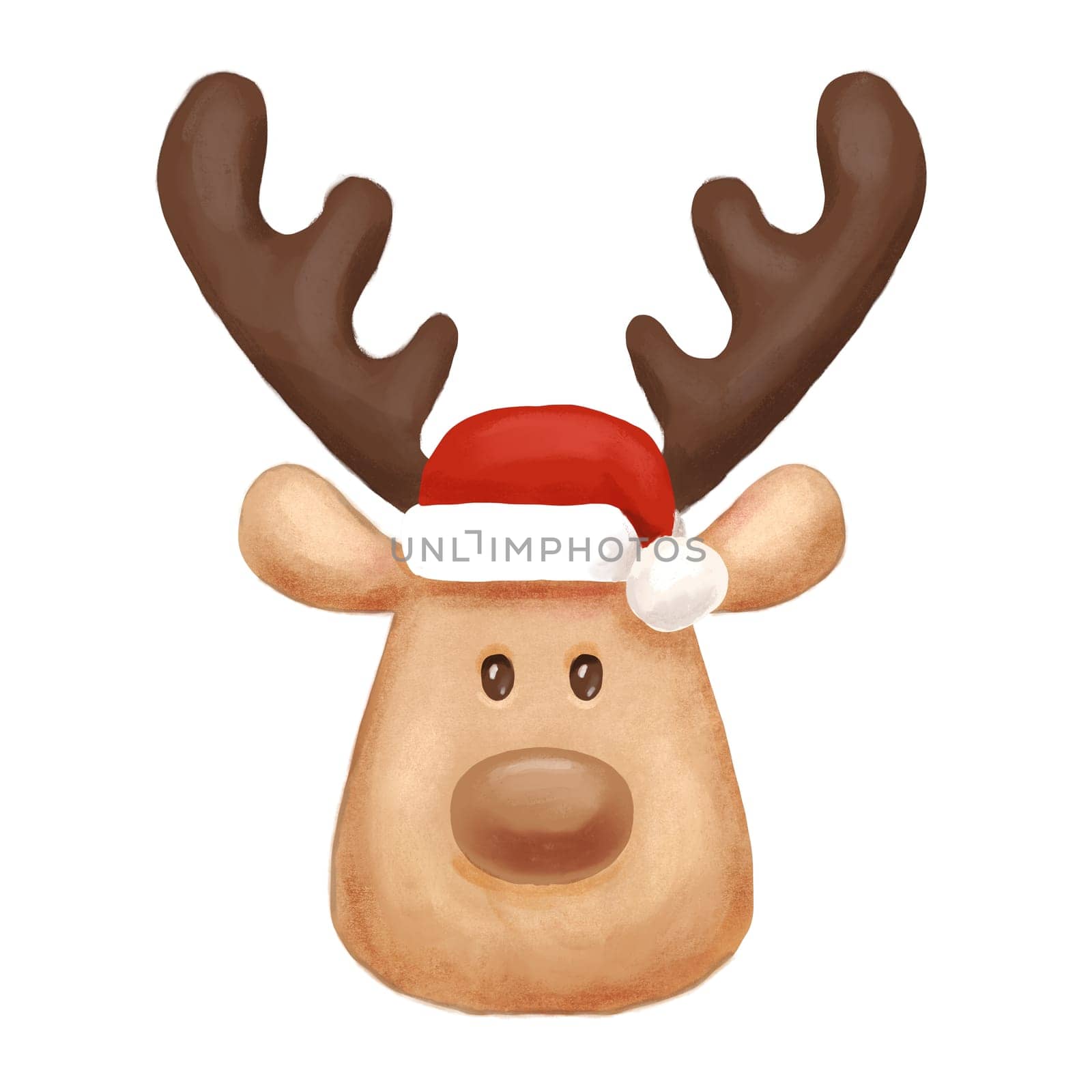 Cute reindeer face in Santa Claus hat. Hand drawn illustration Isolated on white. Christmas sign