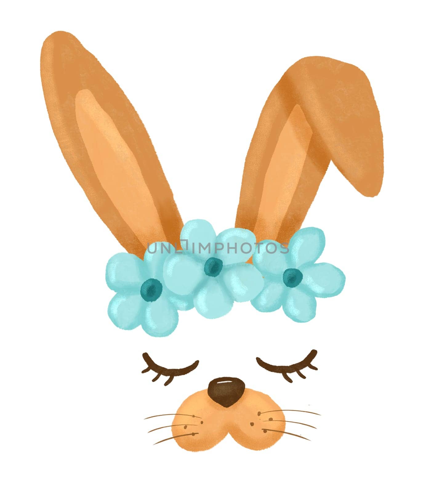 Easter bunny face and flowers. Cute Rabbit with floral wreath isolated on white. Baby illustration by ElenaPlatova