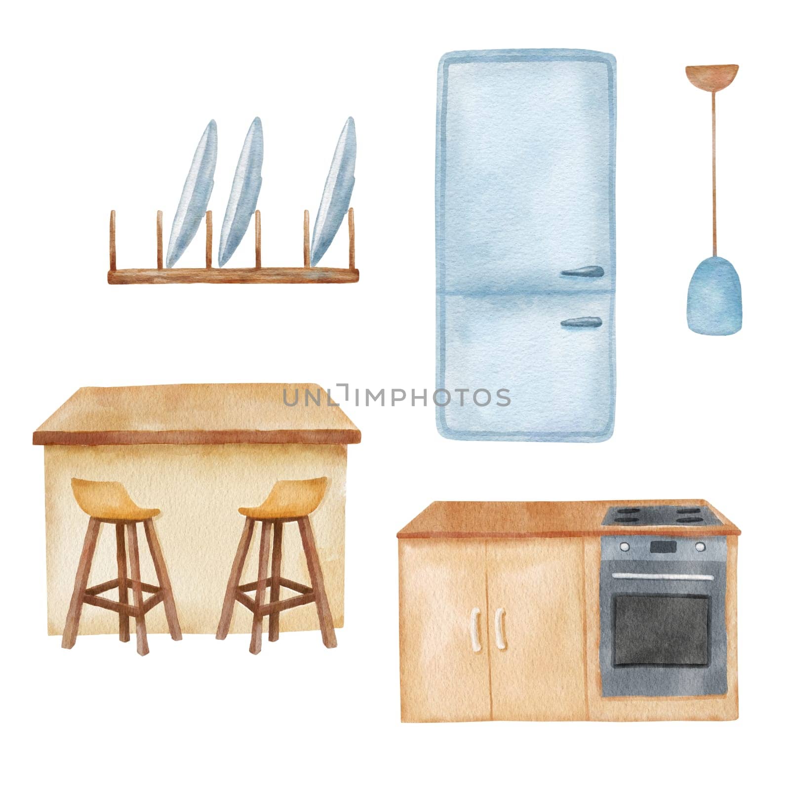 Watercolor cute kitchen tool set. Drawing of stove and refrigerator. Culinary illustrations isolated on white background by ElenaPlatova