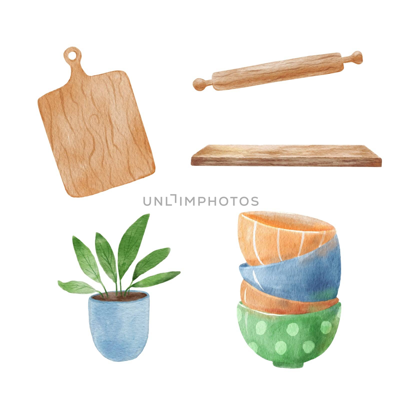 Watercolor cute kitchen tool. Cups and rolling pin drawing. Cooking hand drawn illustrations set isolated on white background by ElenaPlatova
